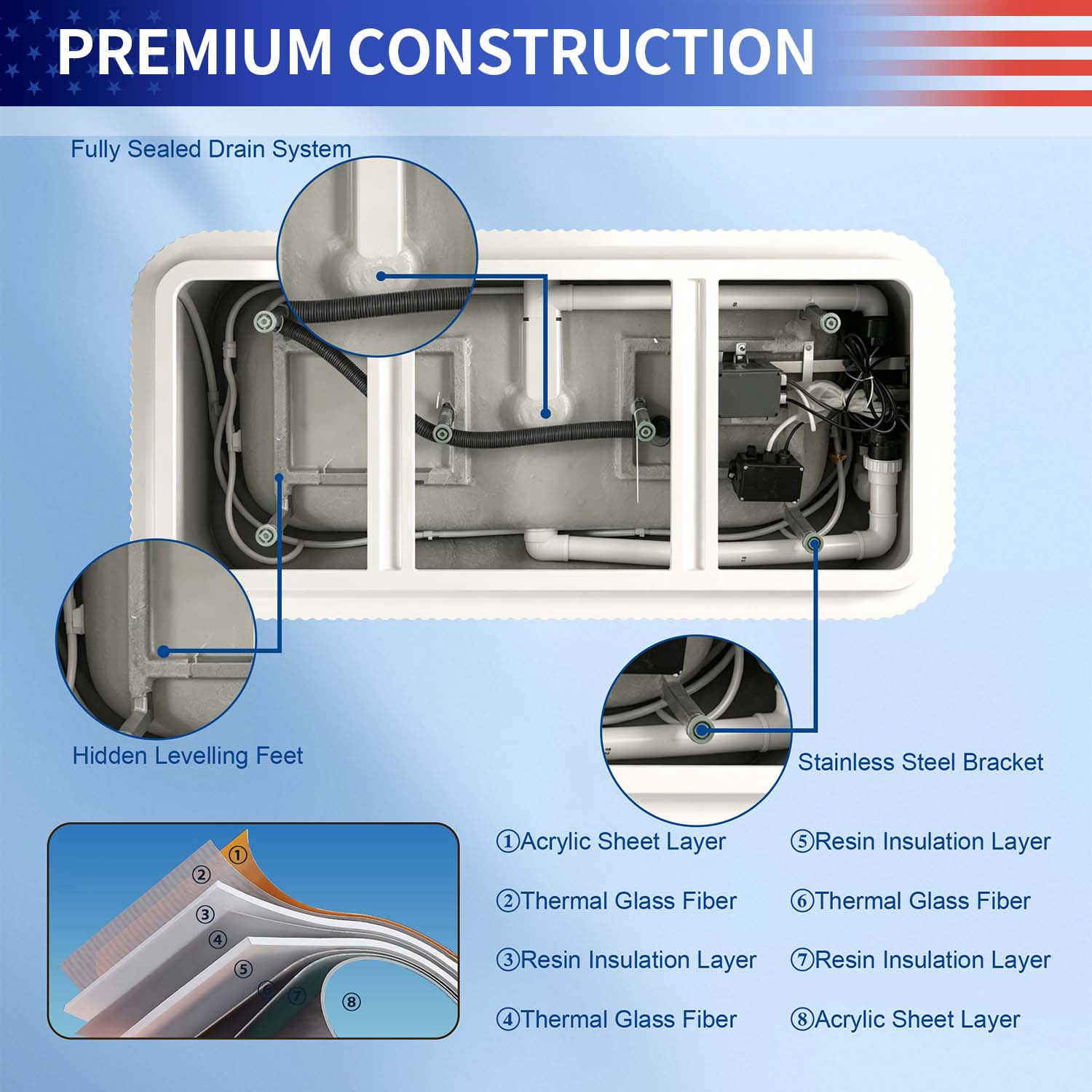 67" Rectangular Acrylic Freestanding Whirlpool Bathtub with Massage Jets