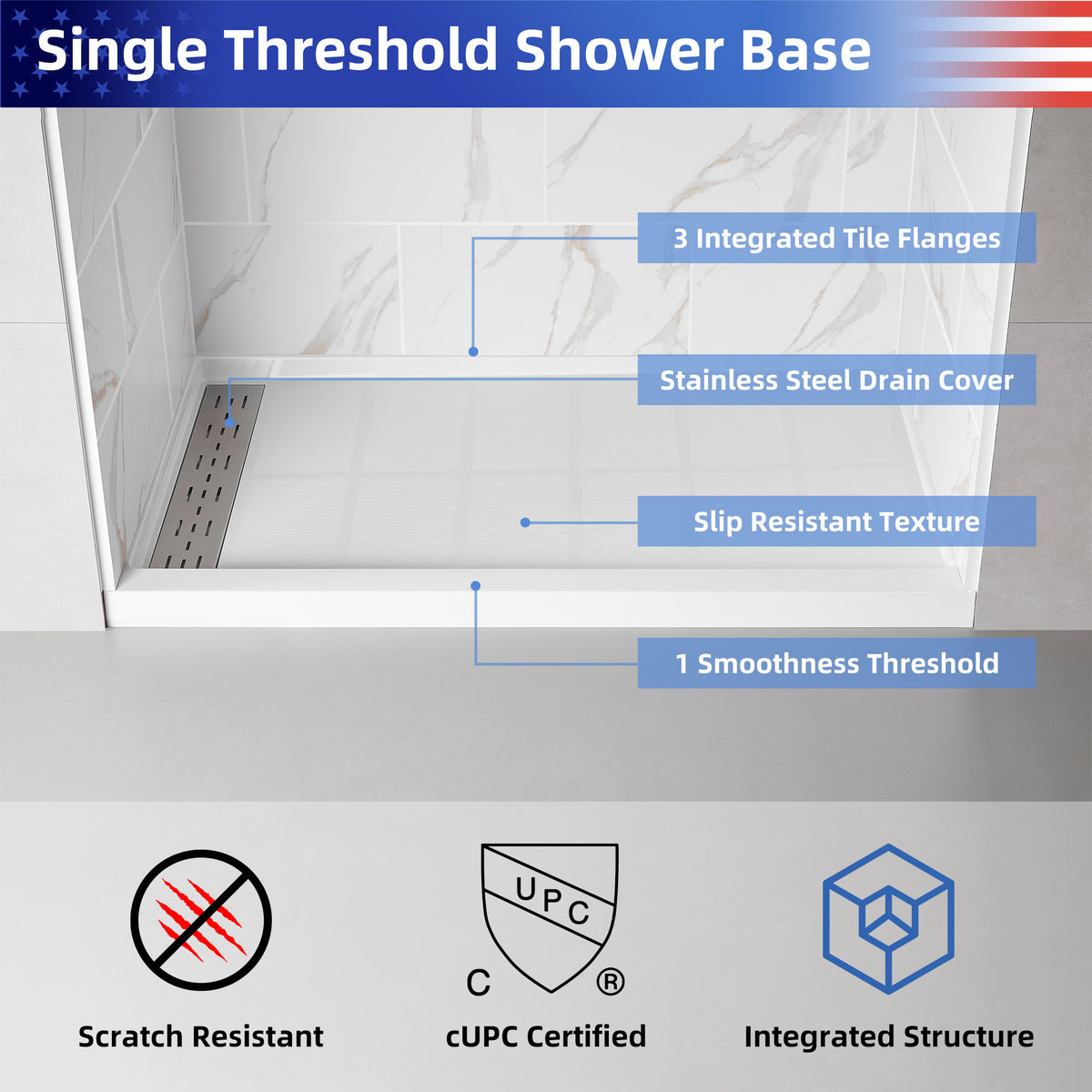 Single-Threshold Shower Pan with Drain, Anti-Slip