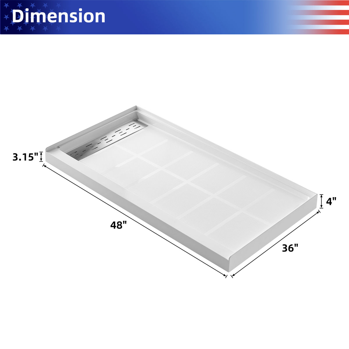 Single-Threshold Shower Pan with Drain, Anti-Slip