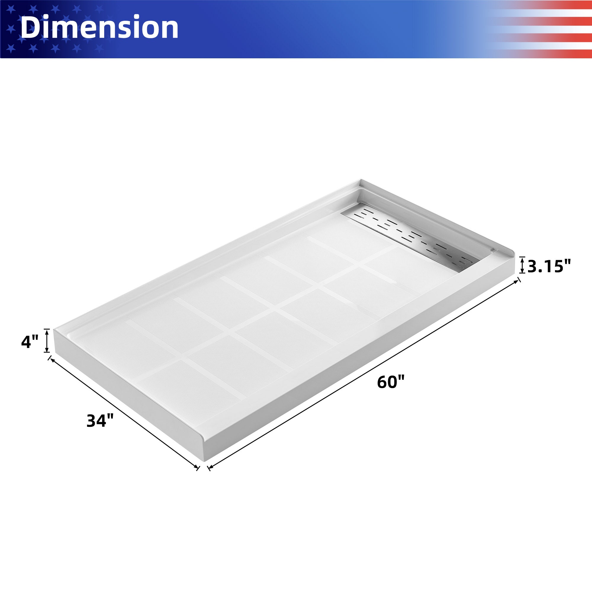 Single-Threshold Shower Pan with Drain, Anti-Slip