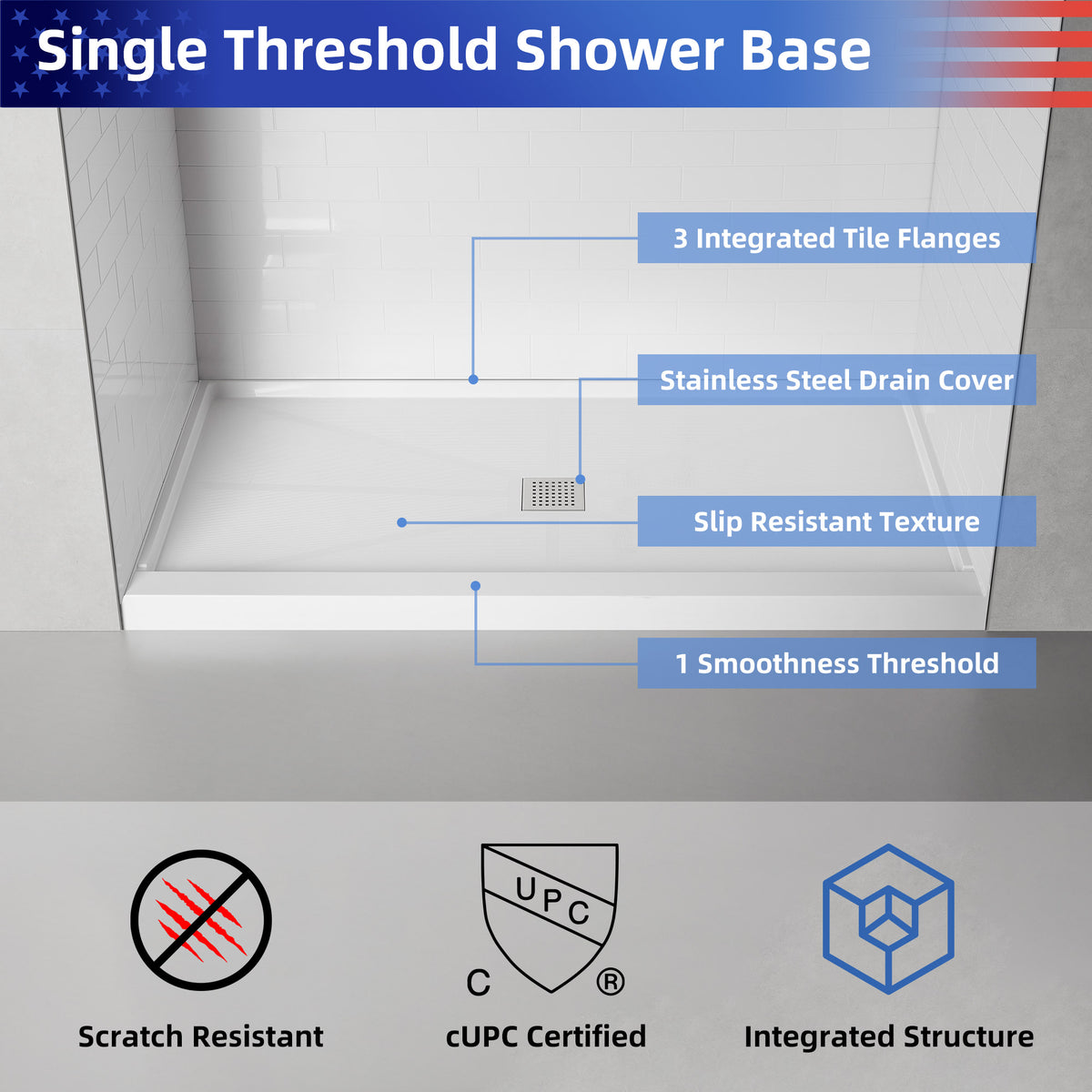 Single-Threshold Shower Pan with Center Drain, Anti-Slip