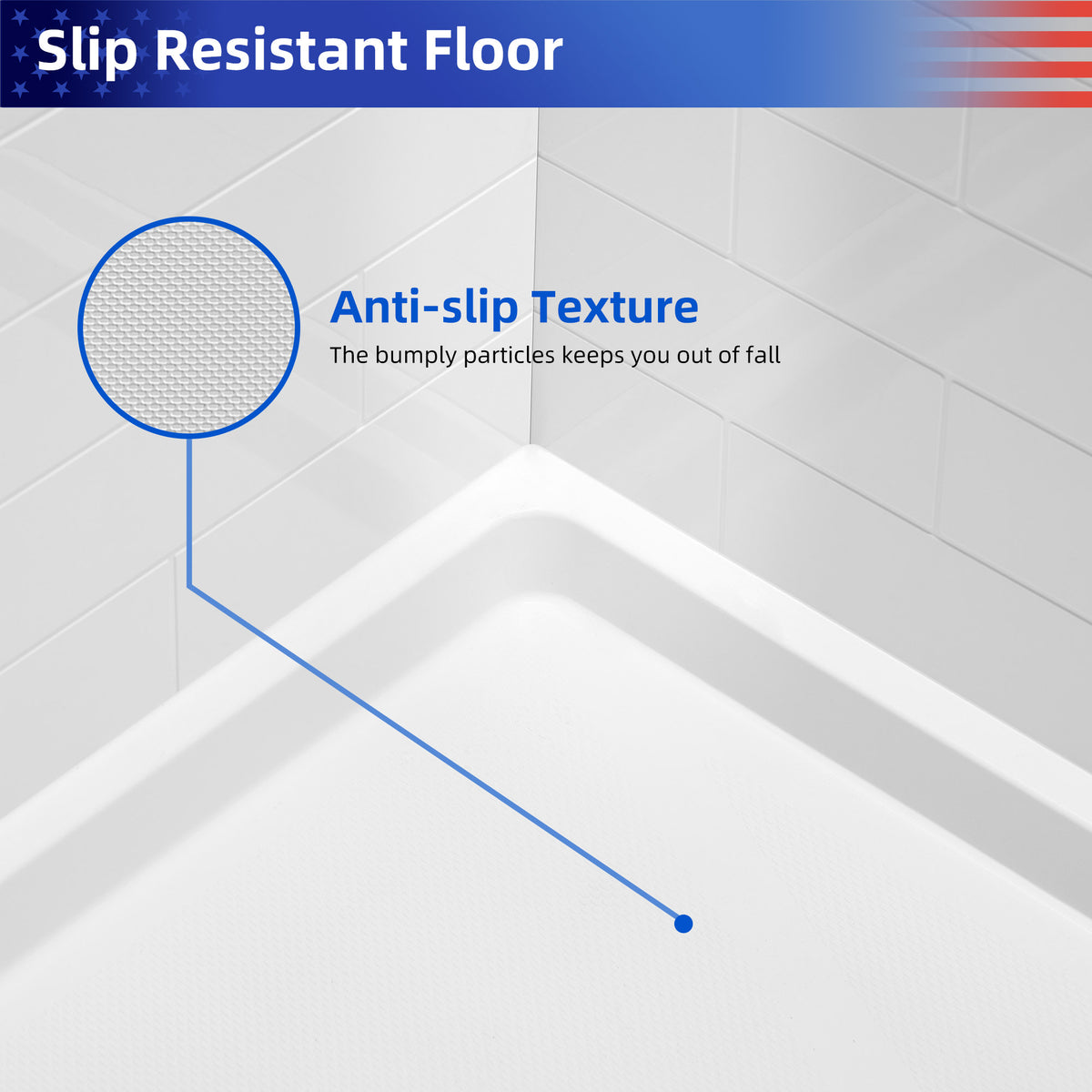 Single-Threshold Shower Pan with Center Drain, Anti-Slip