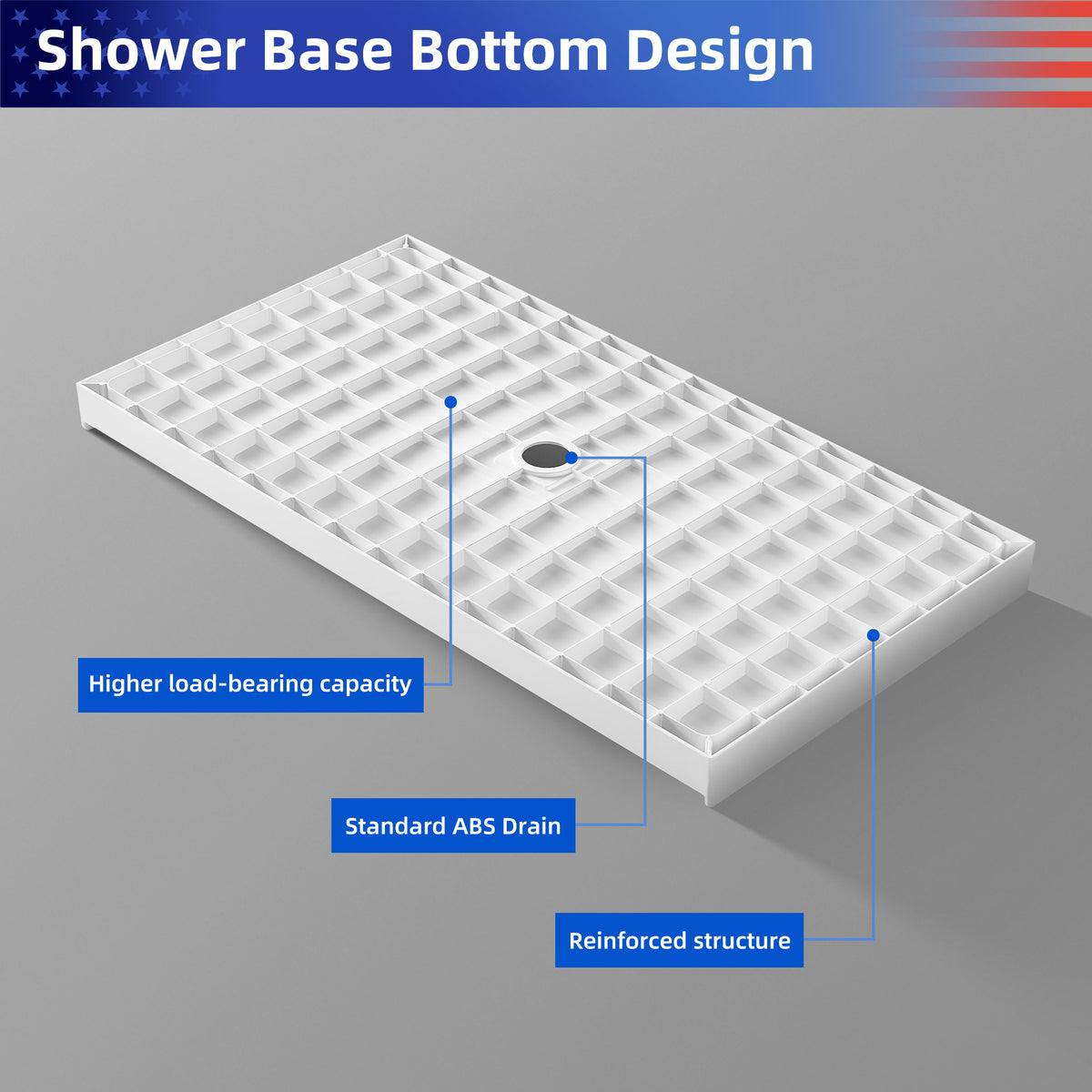 Single-Threshold Shower Pan with Center Drain, Anti-Slip