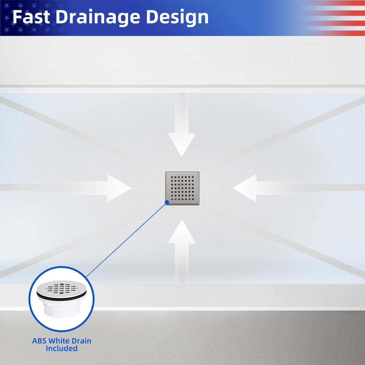 Single-Threshold Shower Pan with Center Drain, Anti-Slip
