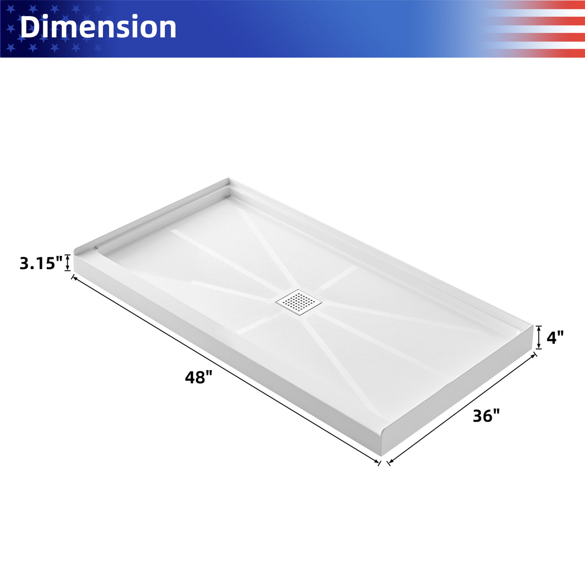 Single-Threshold Shower Pan with Center Drain, Anti-Slip
