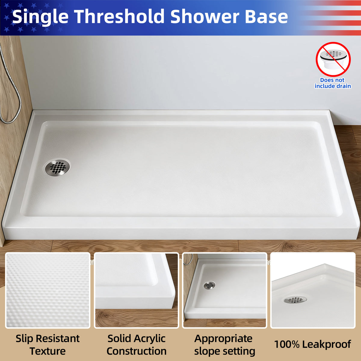 RAINLEX 60" x 32" Single-Threshold Shower Pan with Drain in White