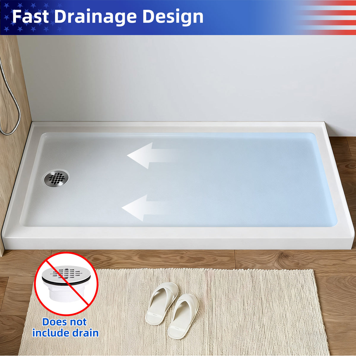 RAINLEX 60" x 32" Single-Threshold Shower Pan with Drain in White