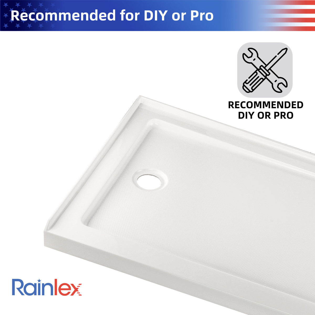 RAINLEX 60" x 32" Single-Threshold Shower Pan with Drain in White