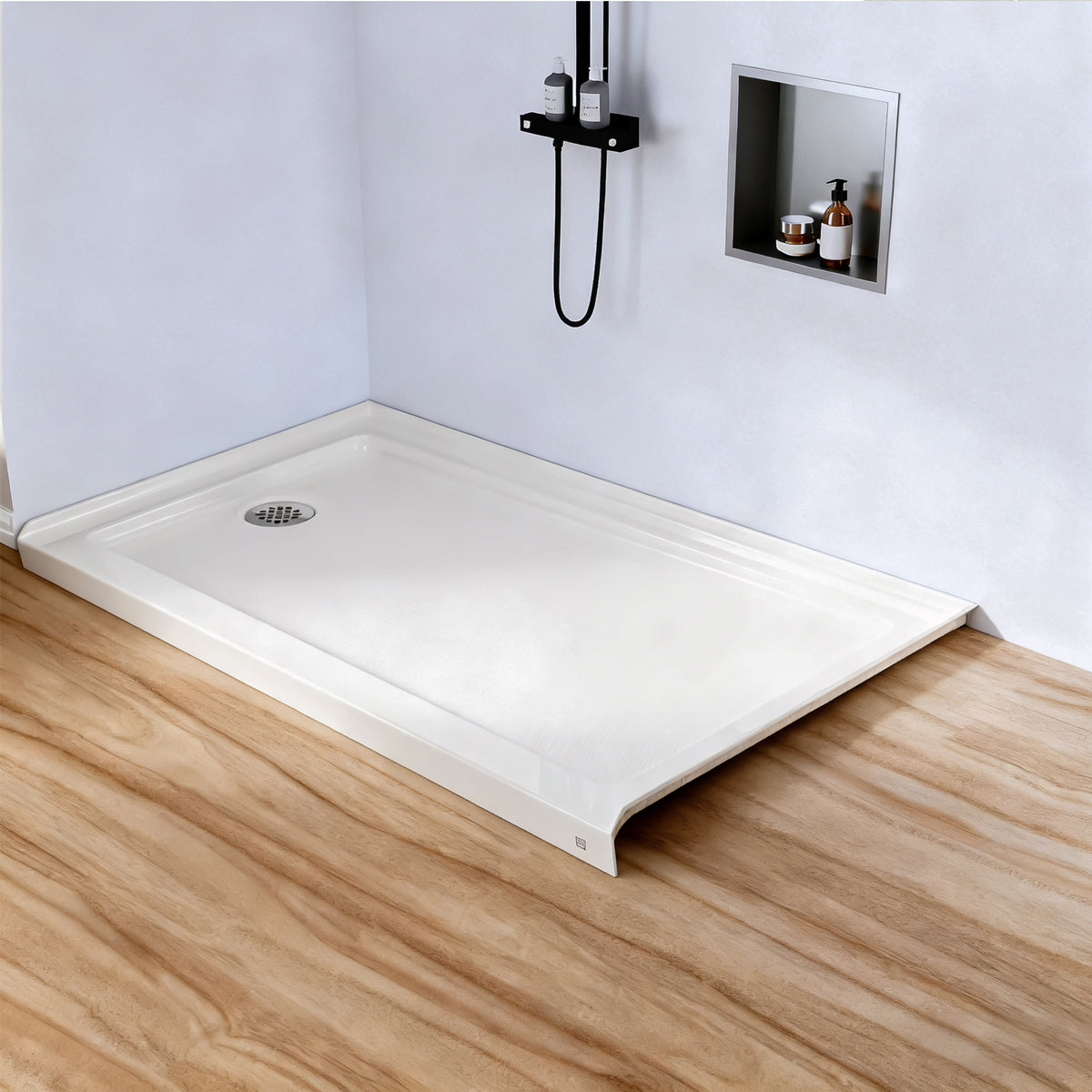 RAINLEX 60" x 32" Single-Threshold Shower Pan with Drain in White
