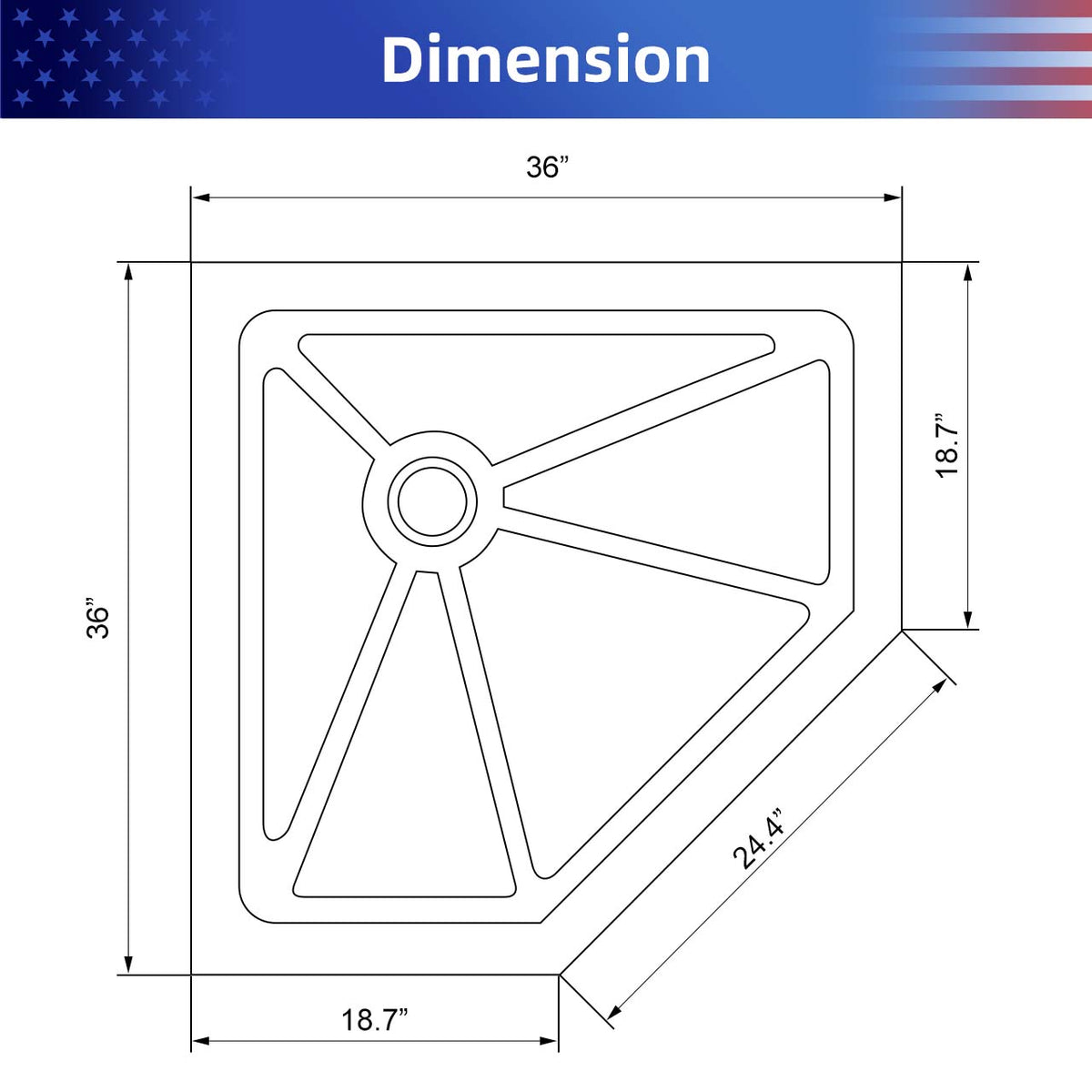 Rainlex 36" x 36" Neo-Angle Corner Shower Base, Anti-Slip White ABS