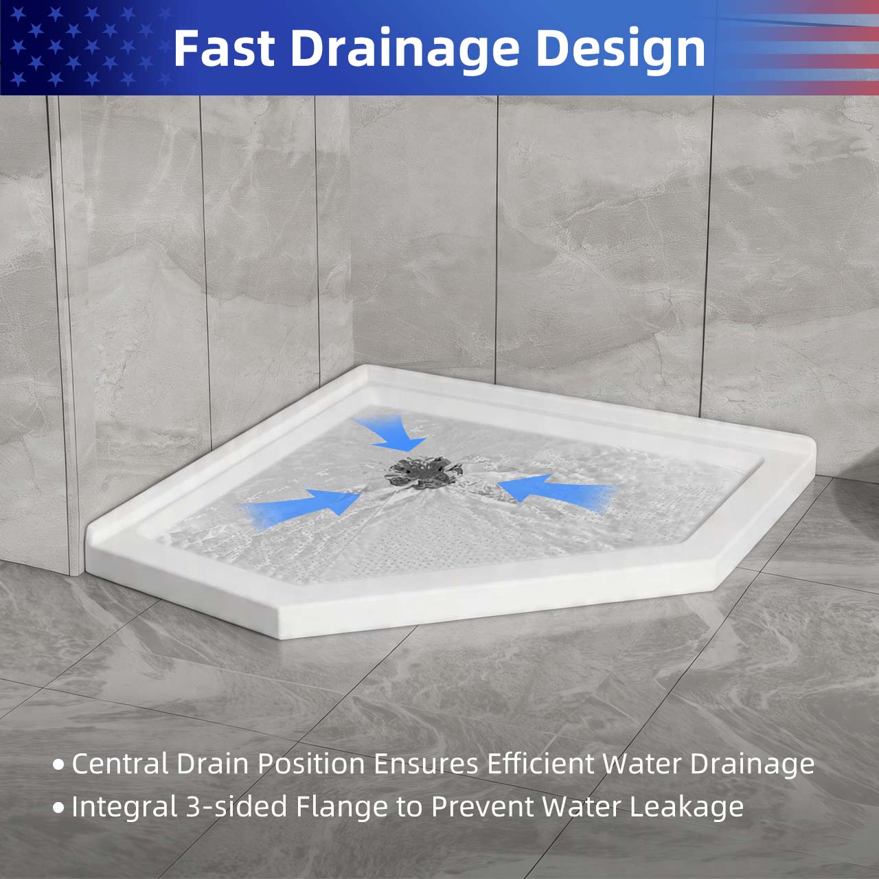 Rainlex 36" x 36" Neo-Angle Corner Shower Base, Anti-Slip White ABS