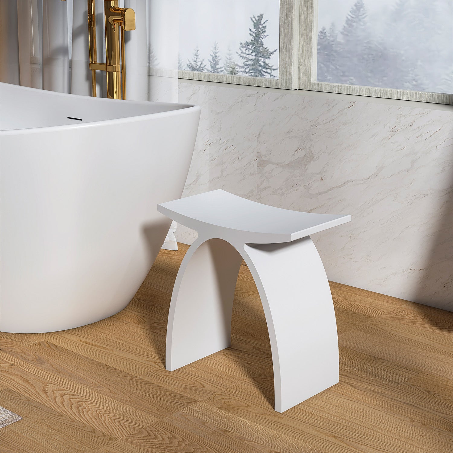 Freestanding Solid Surface Arched Bathroom Stool, Waterproof Non-Slip Shower Seat for Bathroom