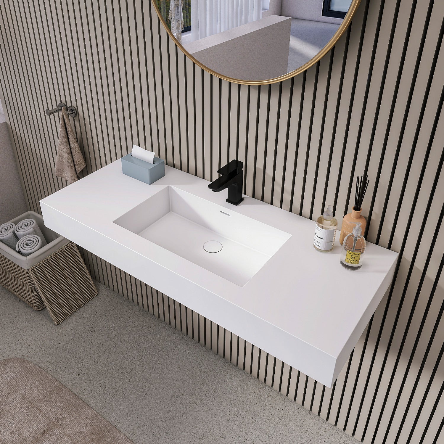 47.2 in. Wall-Mounted Rectangular Stone Resin Bathroom Sink, Matte White Solid Surface Vessel Basin