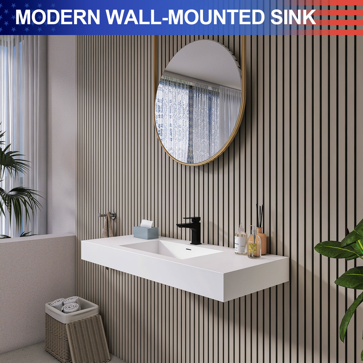 RAINLEX 47.2 in. Wall-Mounted Rectangular Stone Resin Bathroom Sink