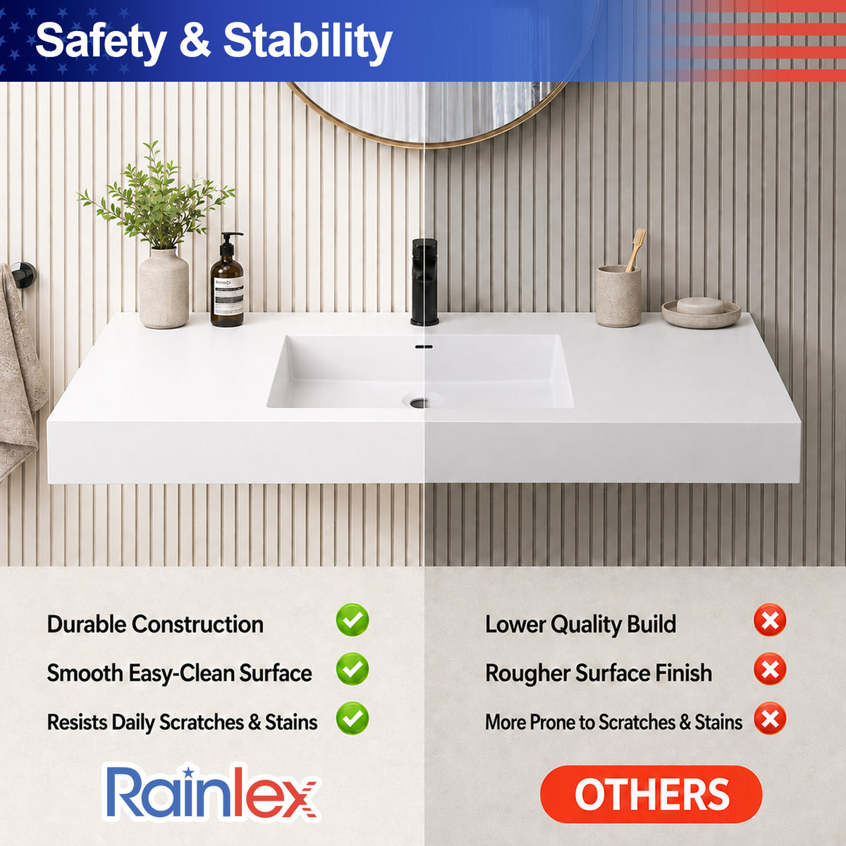 RAINLEX 47.2 in. Wall-Mounted Rectangular Stone Resin Bathroom Sink