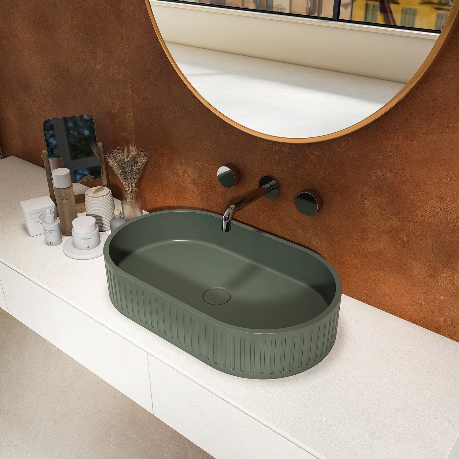 23.6 in. Oval Concrete Vessel Bathroom Sink, Modern Dark Green Countertop Wash Basin