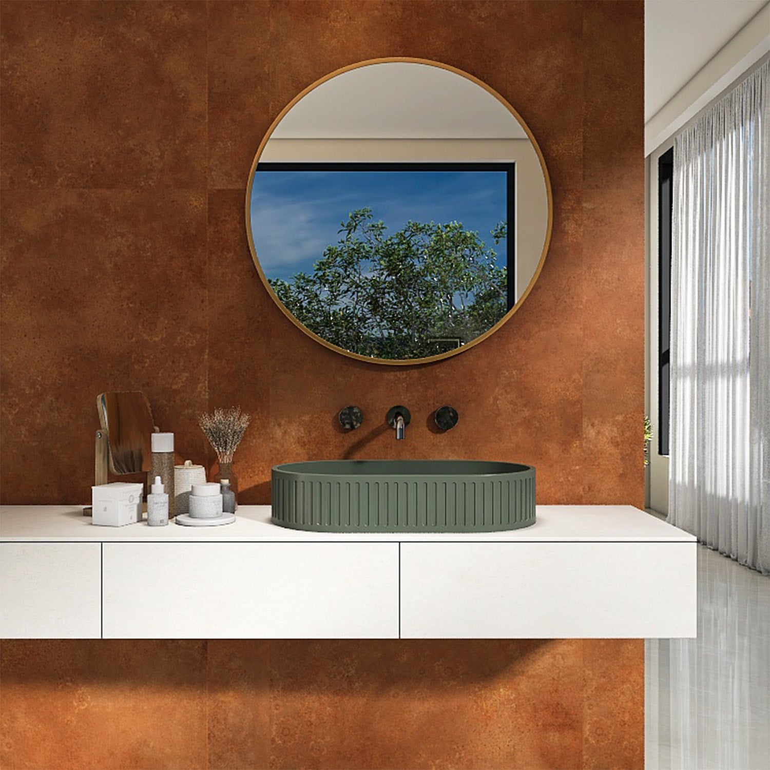 23.6 in. Oval Concrete Vessel Bathroom Sink, Modern Dark Green Countertop Wash Basin