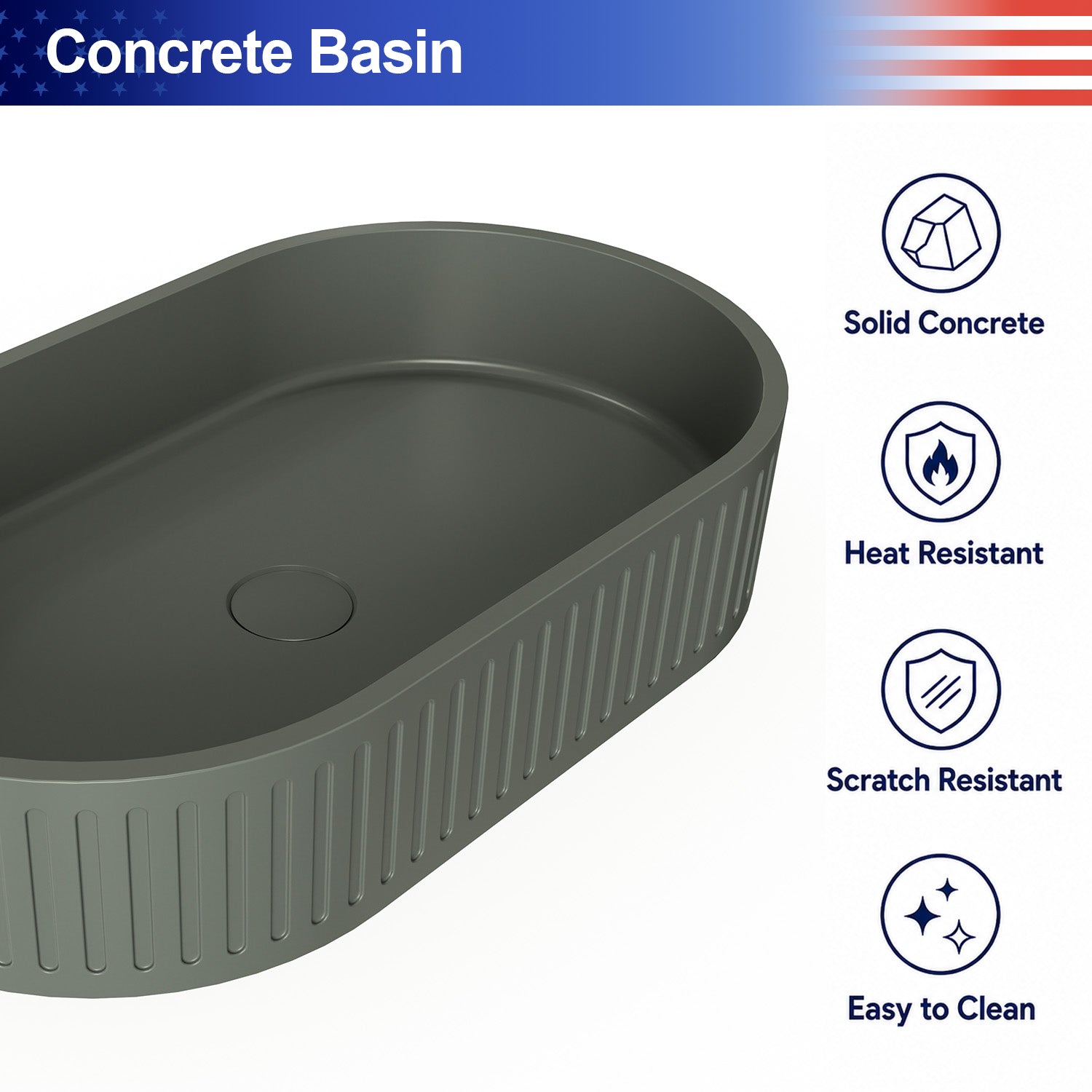 23.6 in. Oval Concrete Vessel Bathroom Sink, Modern Dark Green Countertop Wash Basin