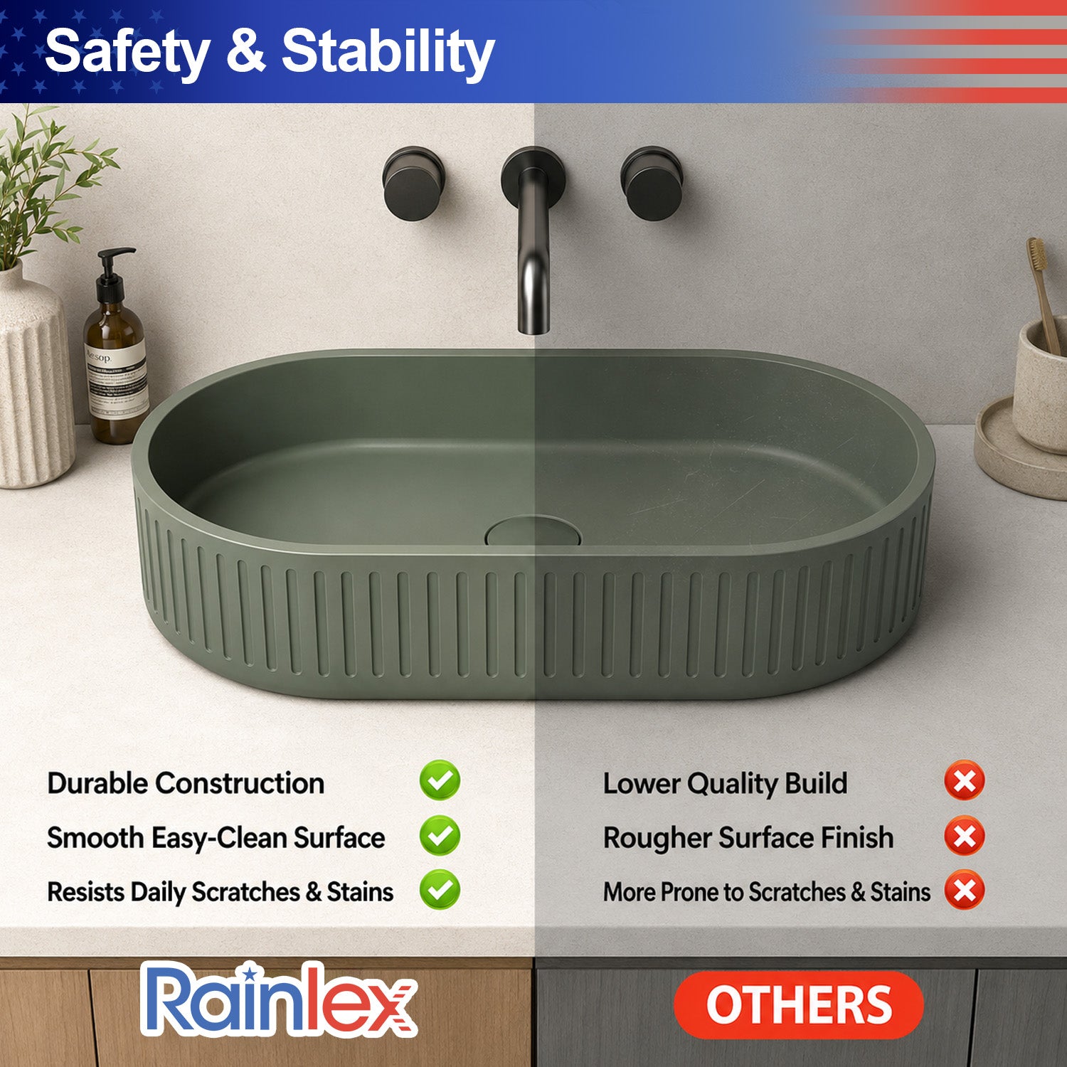 23.6 in. Oval Concrete Vessel Bathroom Sink, Modern Dark Green Countertop Wash Basin