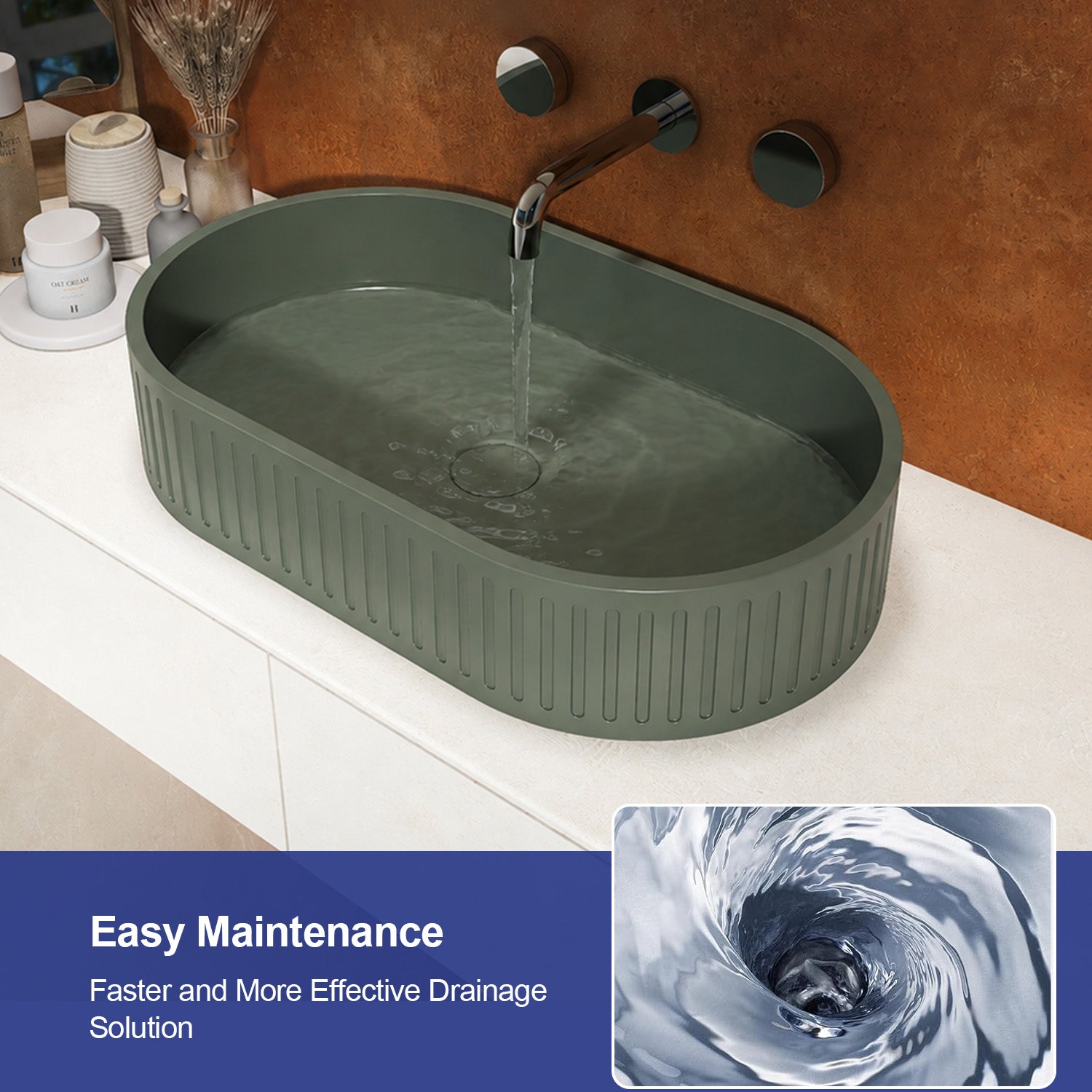 23.6 in. Oval Concrete Vessel Bathroom Sink, Modern Dark Green Countertop Wash Basin