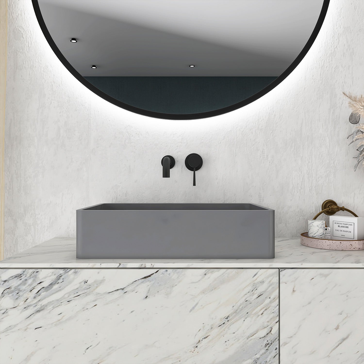19.68 in. Rectangular Concrete Vessel Bathroom Sink, Modern Gray Wash Basin