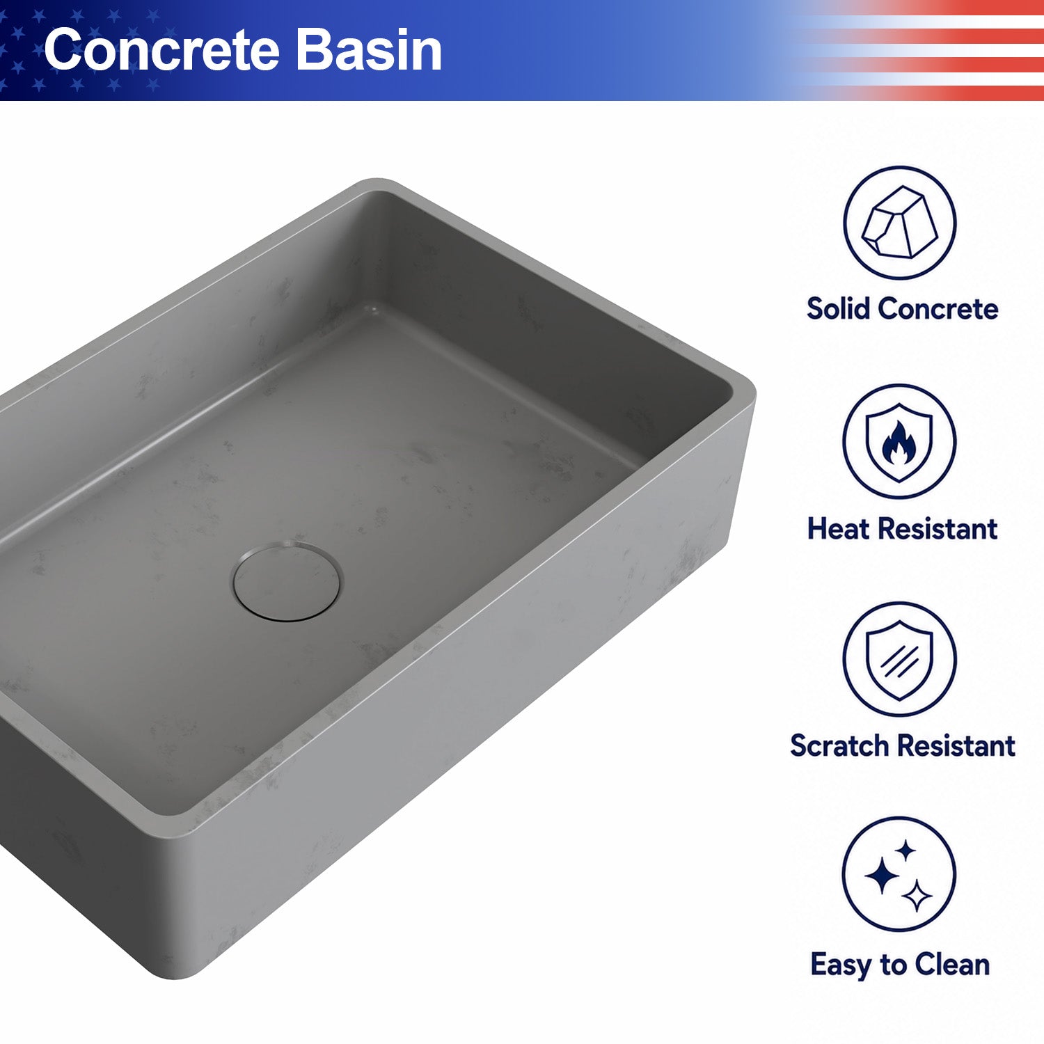 19.68 in. Rectangular Concrete Vessel Bathroom Sink, Modern Gray Wash Basin