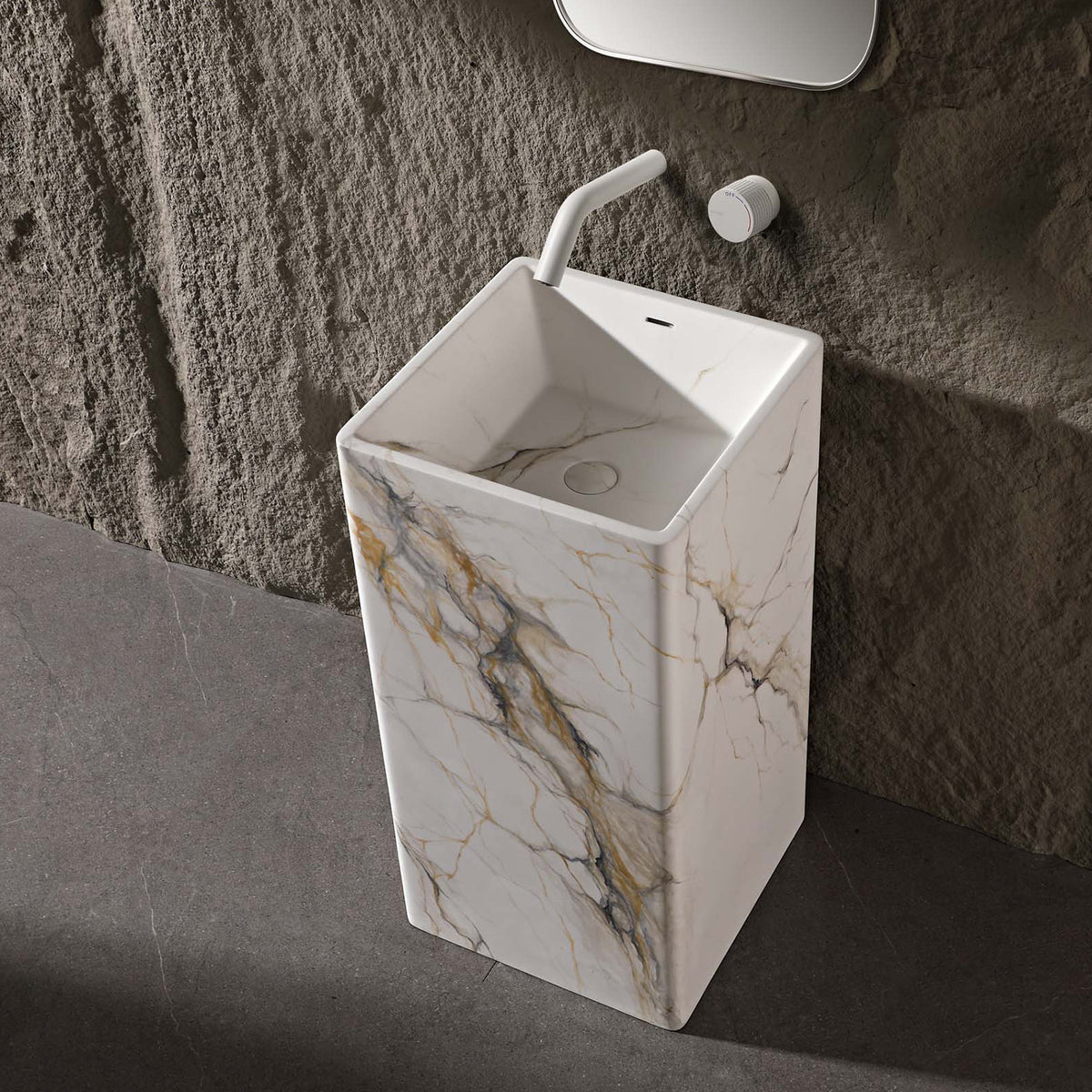 17.7 in. Solid Surface Freestanding Pedestal Bathroom Sink, Calacatta Gold