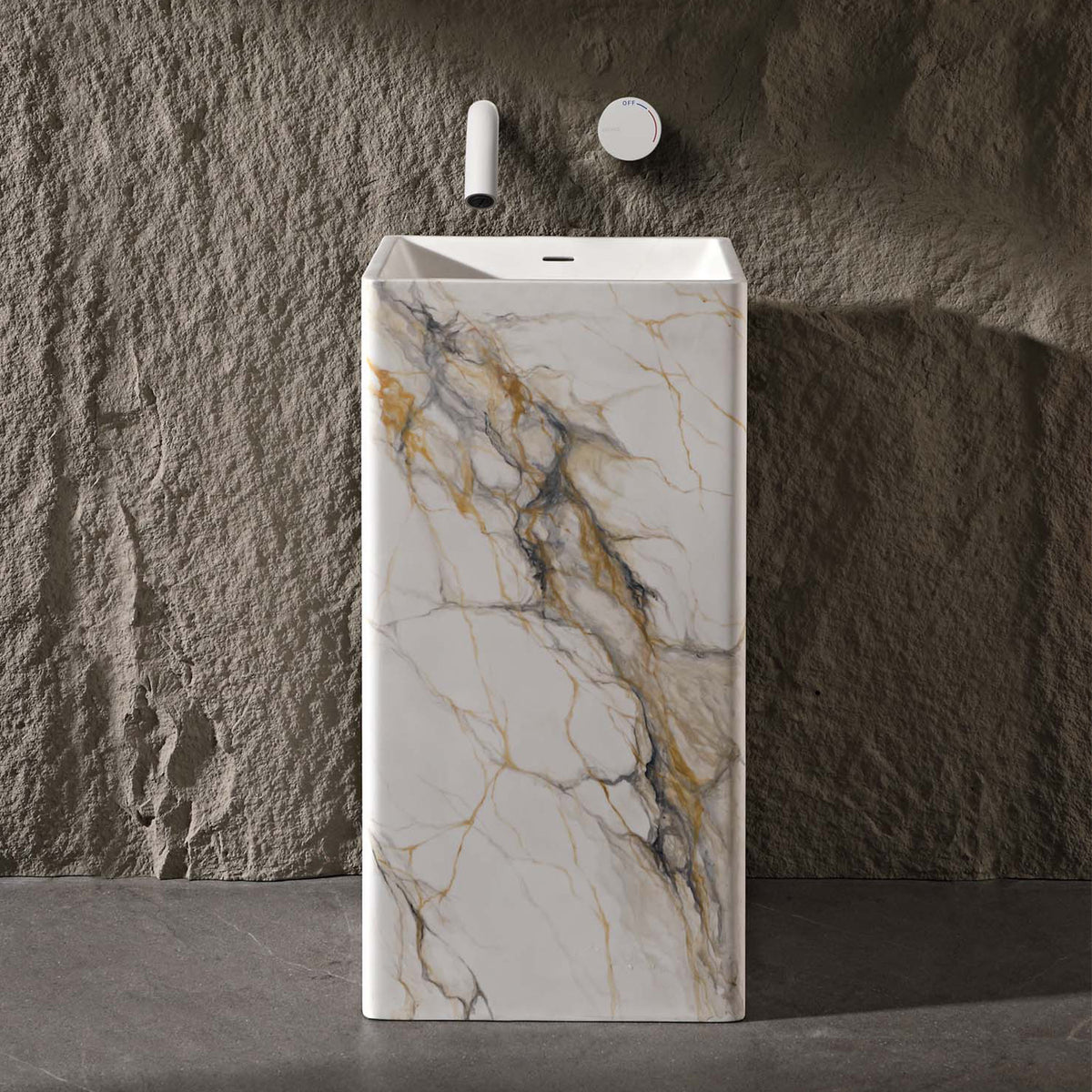 17.7 in. Solid Surface Freestanding Pedestal Bathroom Sink, Calacatta Gold
