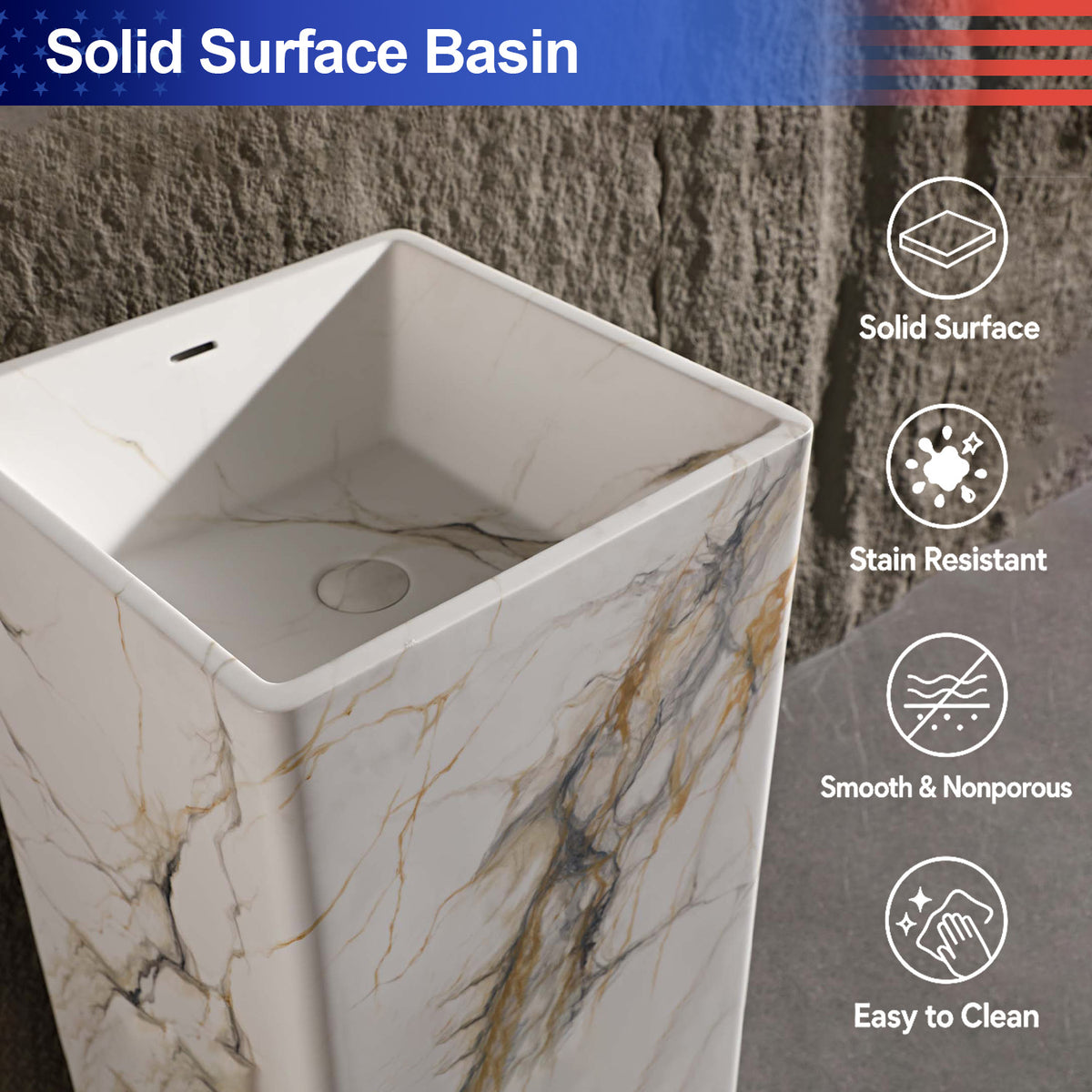 17.7 in. Solid Surface Freestanding Pedestal Bathroom Sink, Calacatta Gold