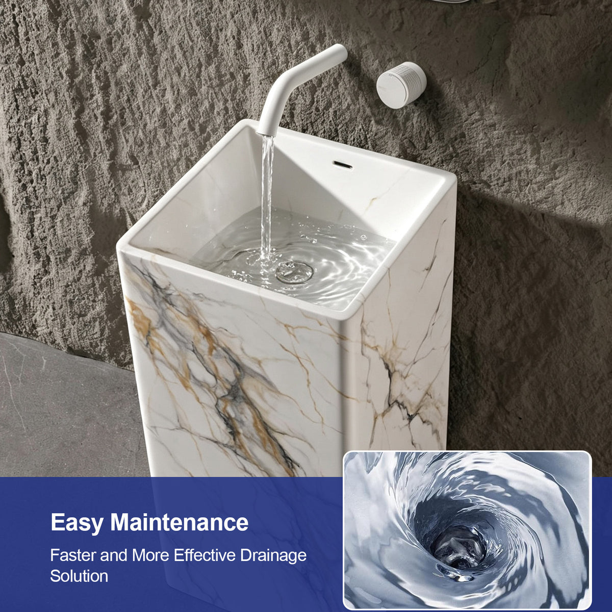 17.7 in. Solid Surface Freestanding Pedestal Bathroom Sink, Calacatta Gold