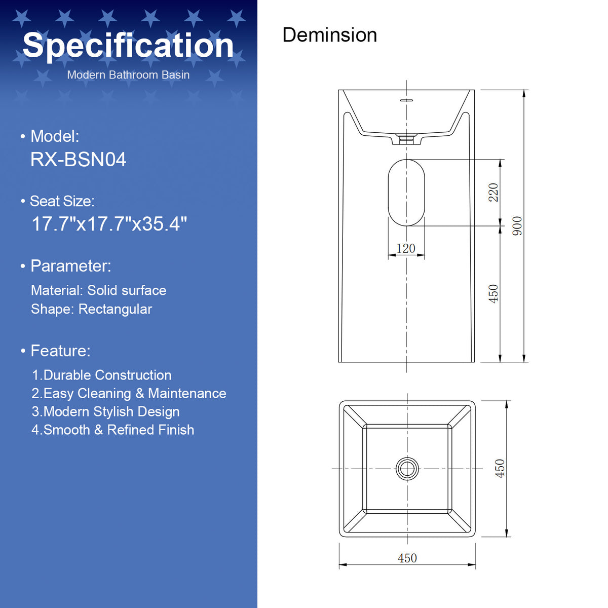 17.7 in. Solid Surface Freestanding Pedestal Bathroom Sink, Calacatta Gold