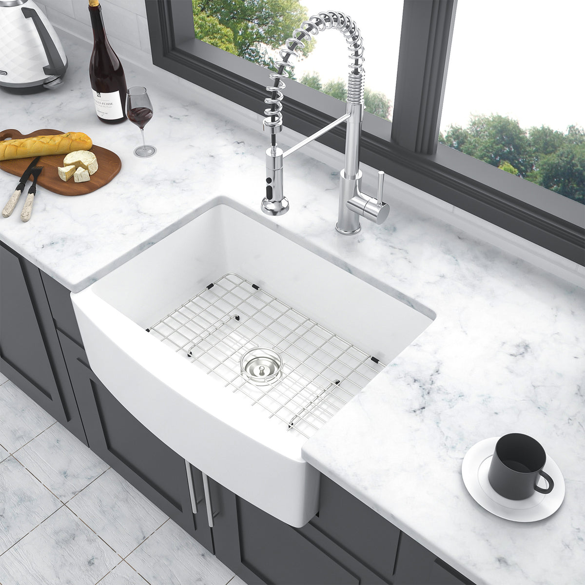 White Ceramic Farmhouse Kitchen Sink, 10 in. Deep Single Bowl Apron Front Sink with 304 Stainless Steel Grid