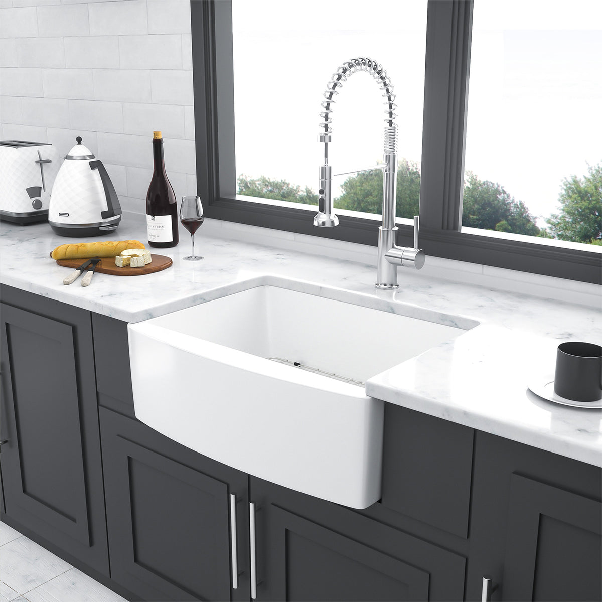 White Ceramic Farmhouse Kitchen Sink, 10 in. Deep Single Bowl Apron Front Sink with 304 Stainless Steel Grid