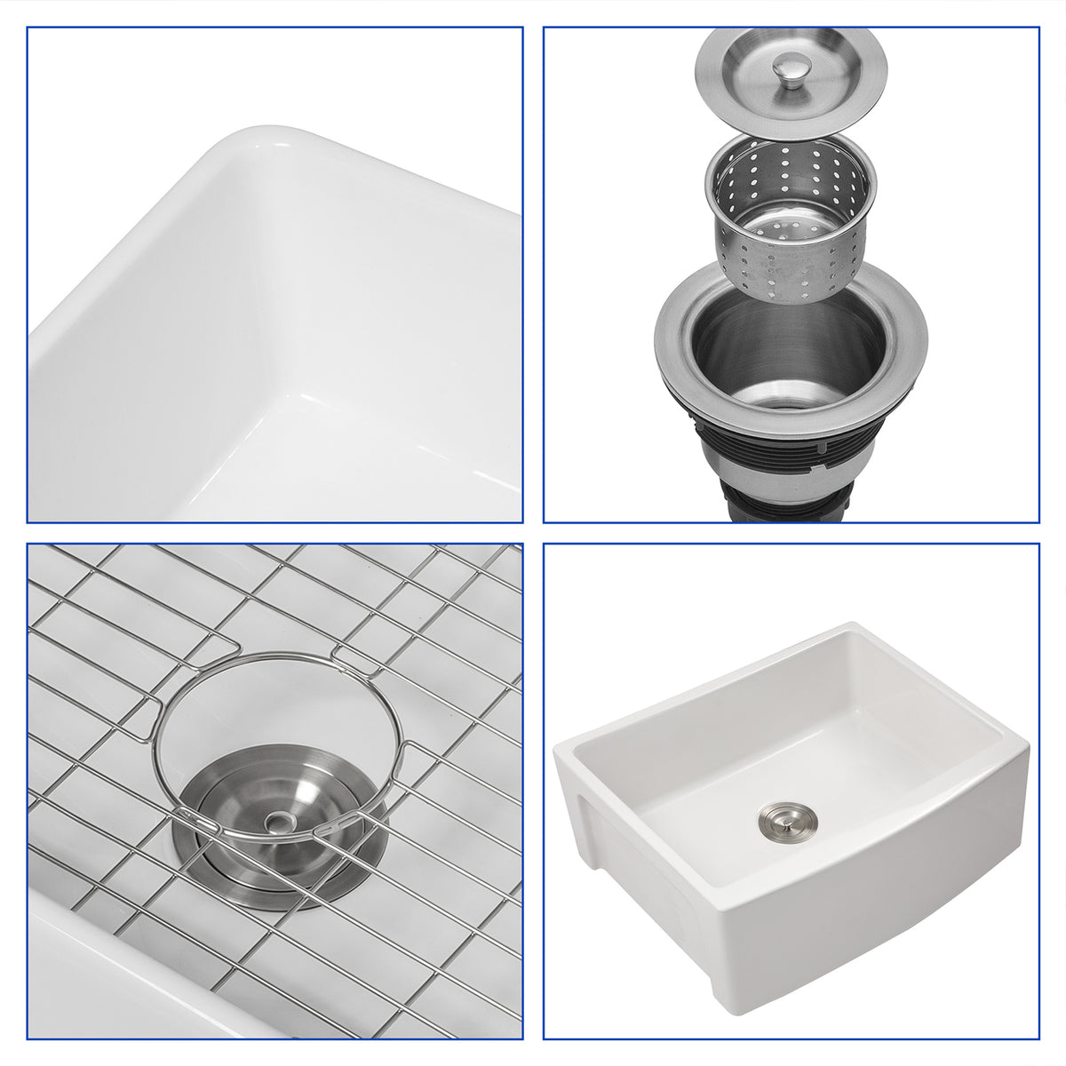 White Ceramic Farmhouse Kitchen Sink, 10 in. Deep Single Bowl Apron Front Sink with 304 Stainless Steel Grid