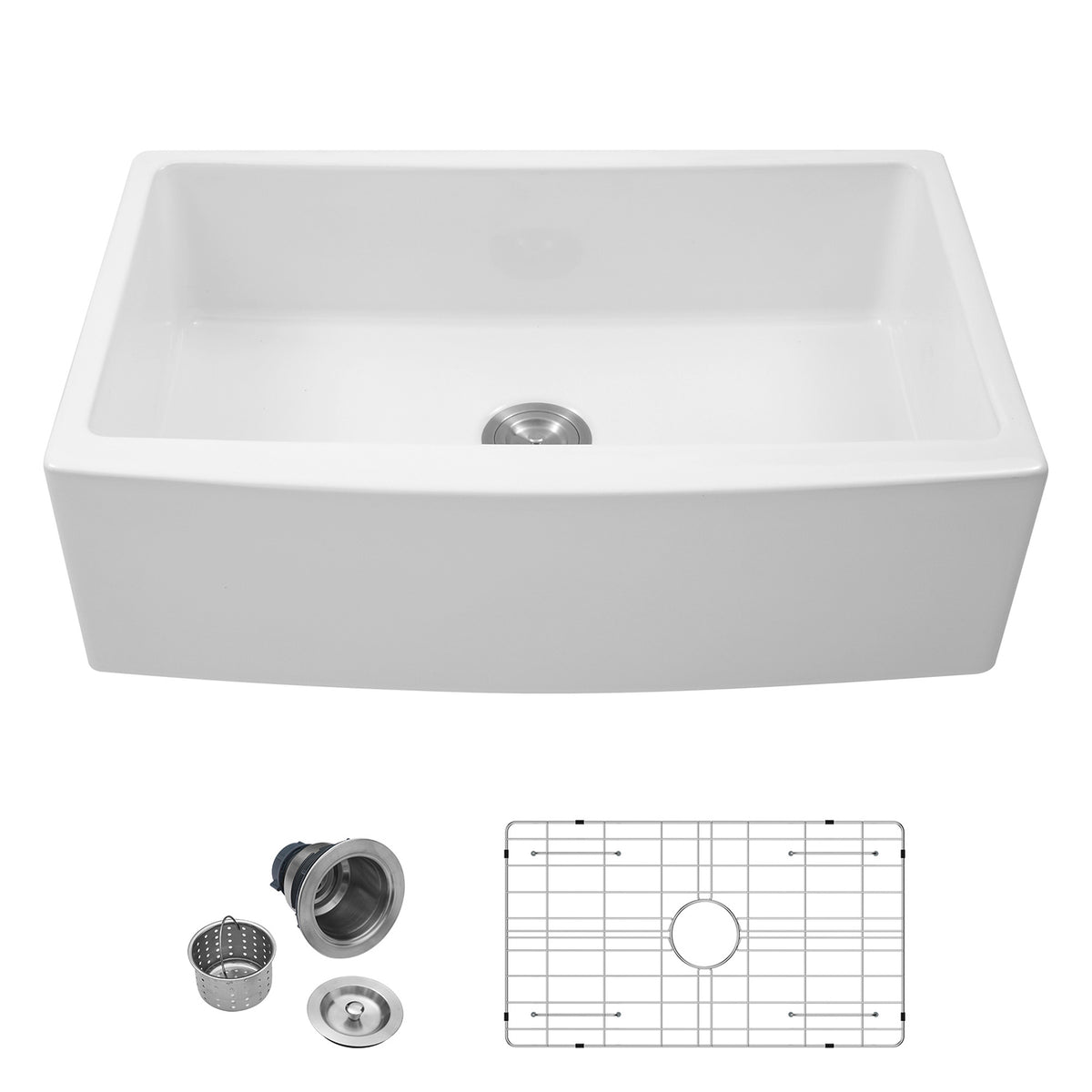 White Ceramic Farmhouse Kitchen Sink, 10 in. Deep Single Bowl Apron Front Sink with 304 Stainless Steel Grid