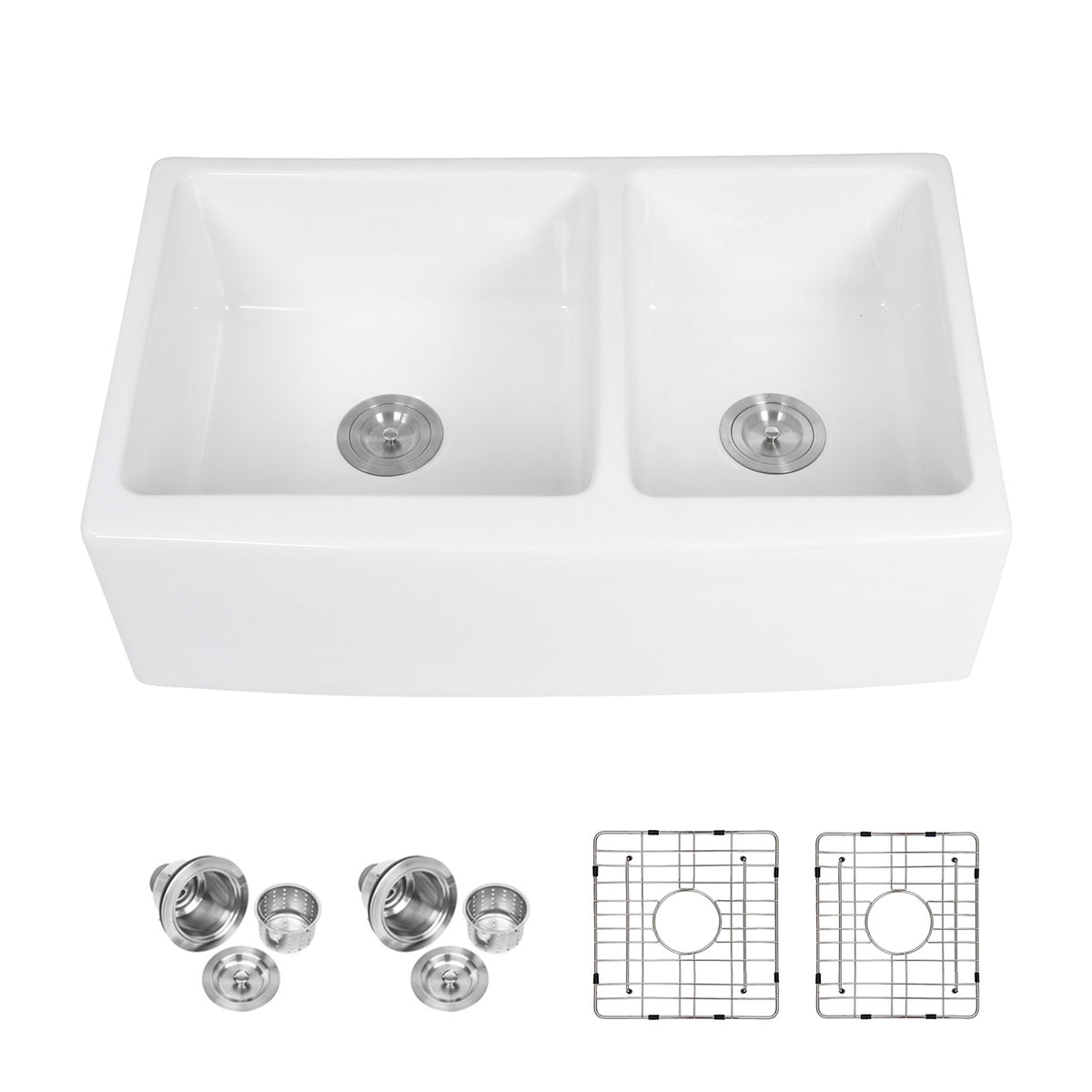 33 in. x 21 in. White Ceramic Farmhouse Kitchen Sink, 60/40 Double Bowl Apron Front Sink with 304 Stainless Steel Grids