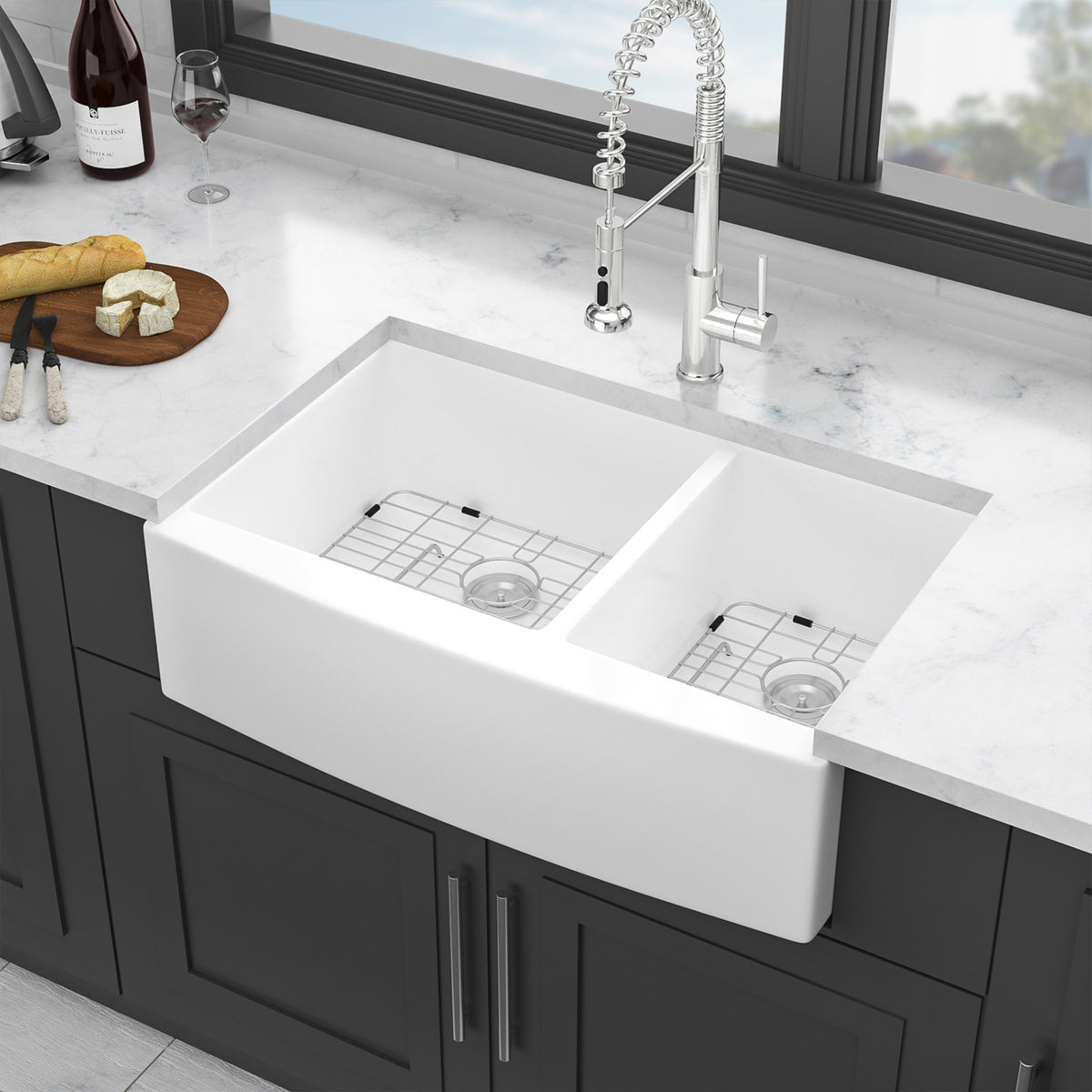 33 in. x 21 in. White Ceramic Farmhouse Kitchen Sink, 60/40 Double Bowl Apron Front Sink with 304 Stainless Steel Grids