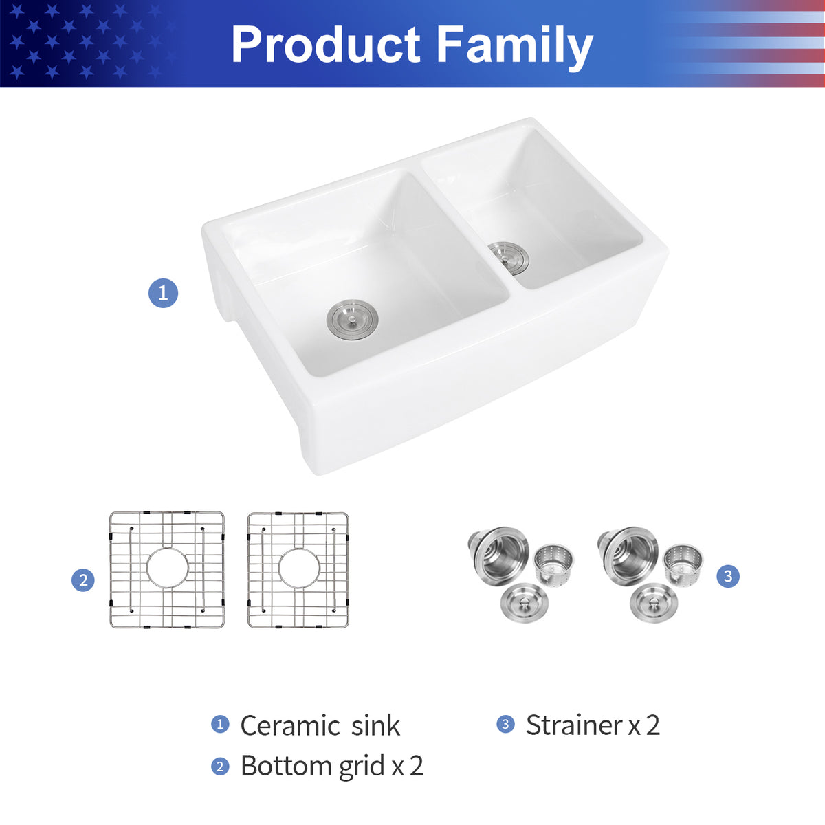 33 in. x 21 in. White Ceramic Farmhouse Kitchen Sink, 60/40 Double Bowl Apron Front Sink with 304 Stainless Steel Grids