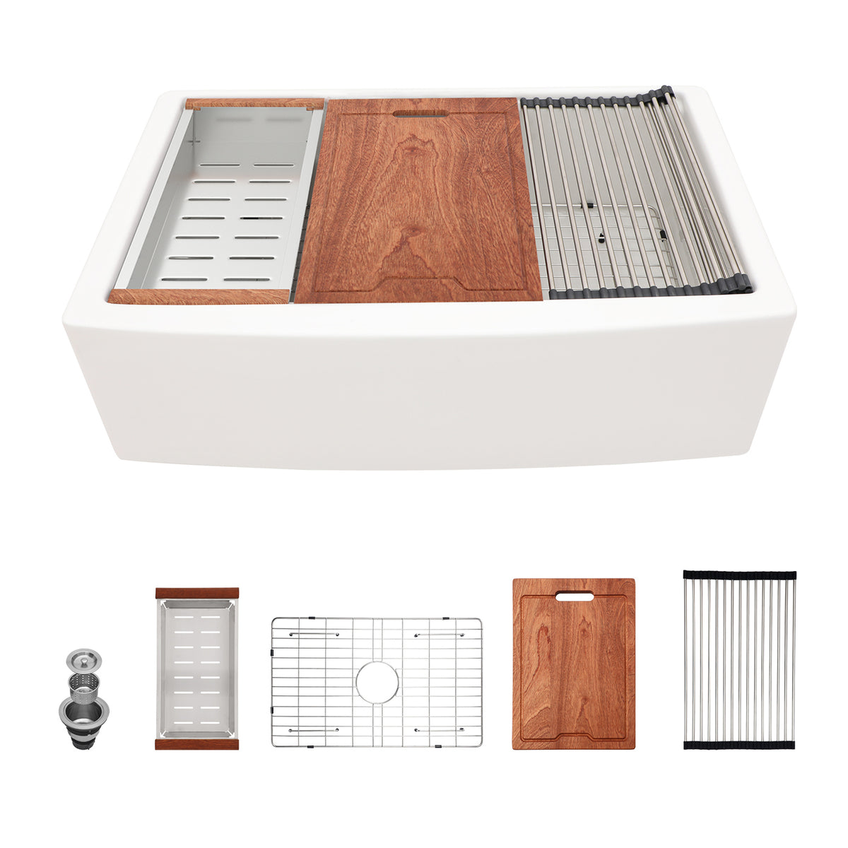 33 in. x 21 in. White Porcelain Ceramic Workstation Farmhouse Kitchen Sink, 10 in. Deep Single Bowl Apron Front Farm Sink with Cutting Board