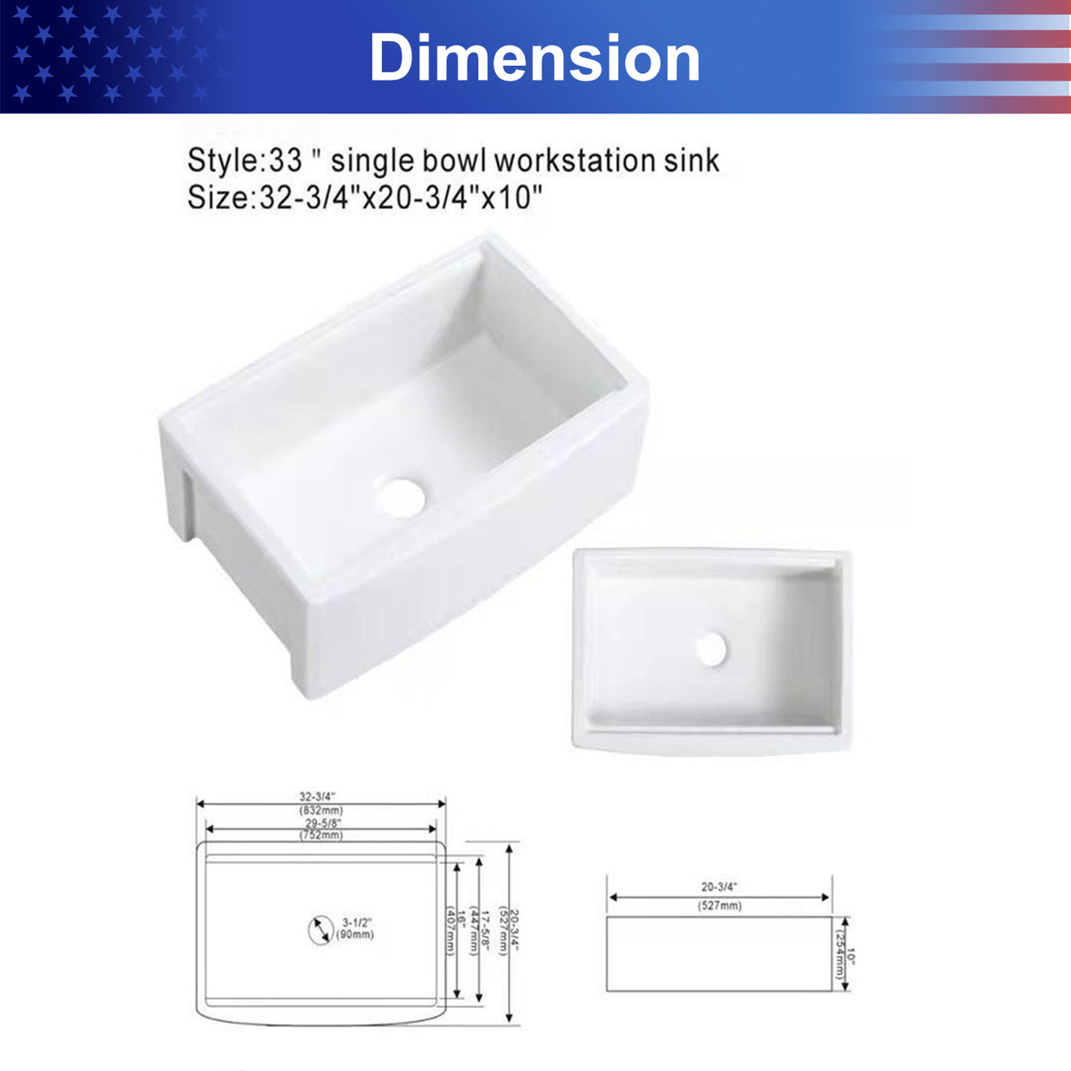33 in. x 21 in. White Porcelain Ceramic Workstation Farmhouse Kitchen Sink, 10 in. Deep Single Bowl Apron Front Farm Sink with Cutting Board