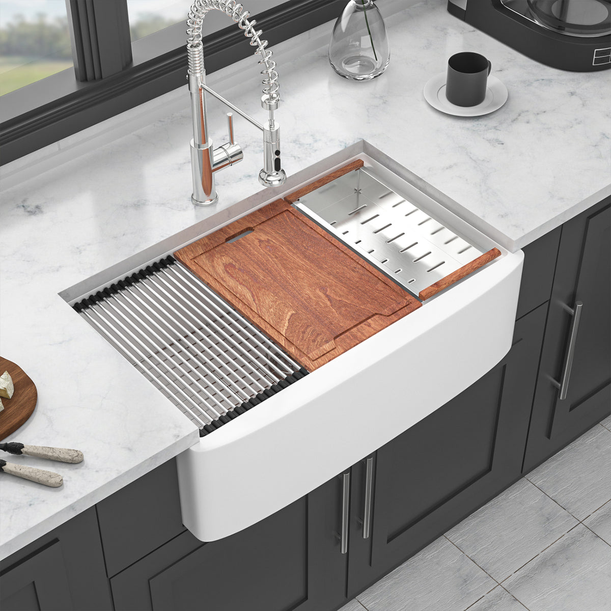 33 in. x 21 in. White Porcelain Ceramic Workstation Farmhouse Kitchen Sink, 10 in. Deep Single Bowl Apron Front Farm Sink with Cutting Board