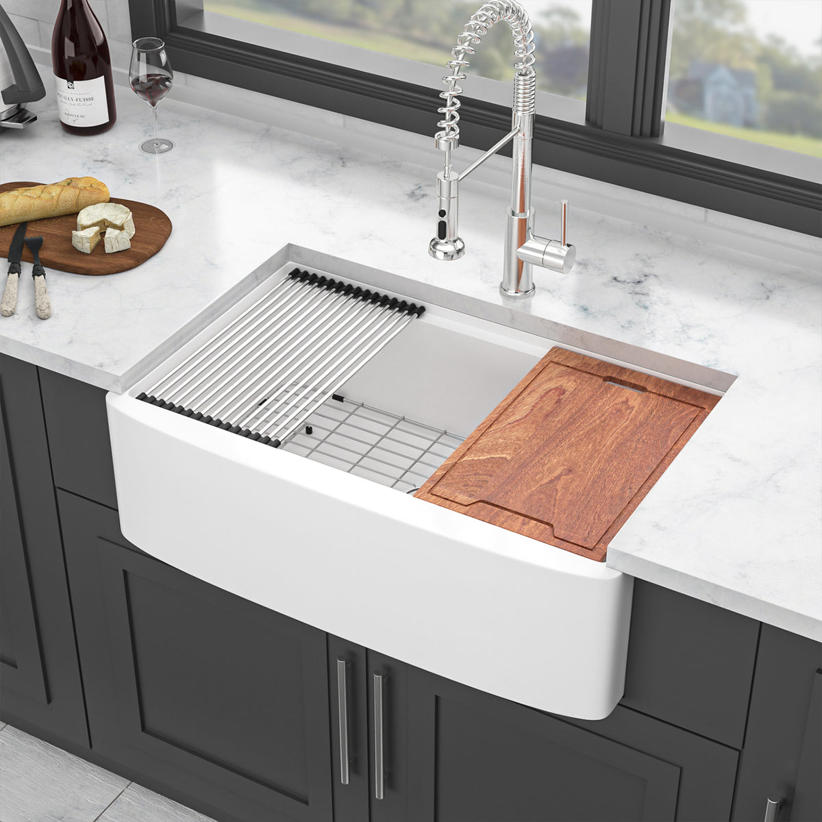33 in. x 21 in. White Porcelain Ceramic Workstation Farmhouse Kitchen Sink, 10 in. Deep Single Bowl Apron Front Farm Sink with Cutting Board