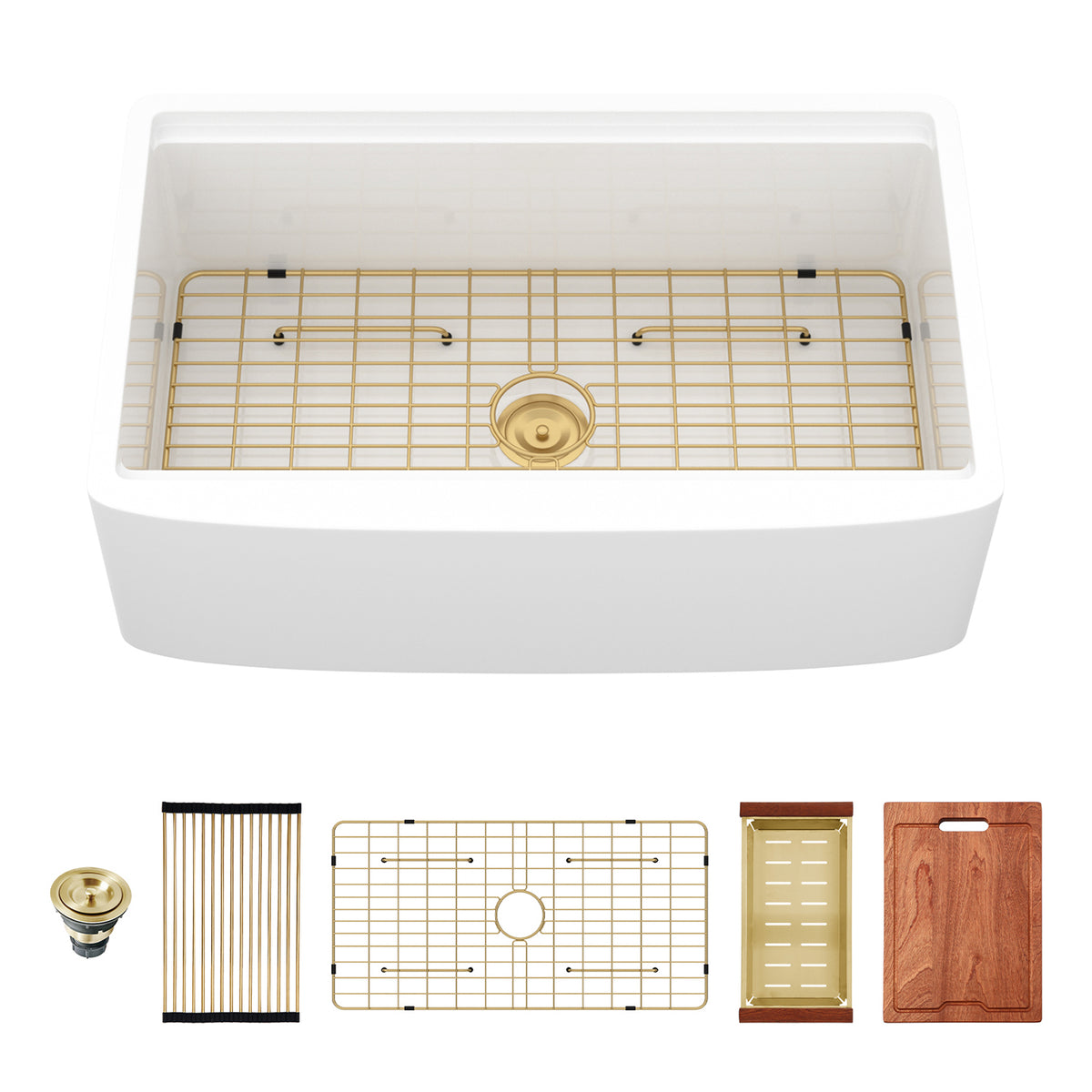 33 in. x 21 in. White Porcelain Ceramic Workstation Farmhouse Kitchen Sink, 10 in. Deep Single Bowl Curved Apron Front Sink with Cutting Board & Gold Accessories