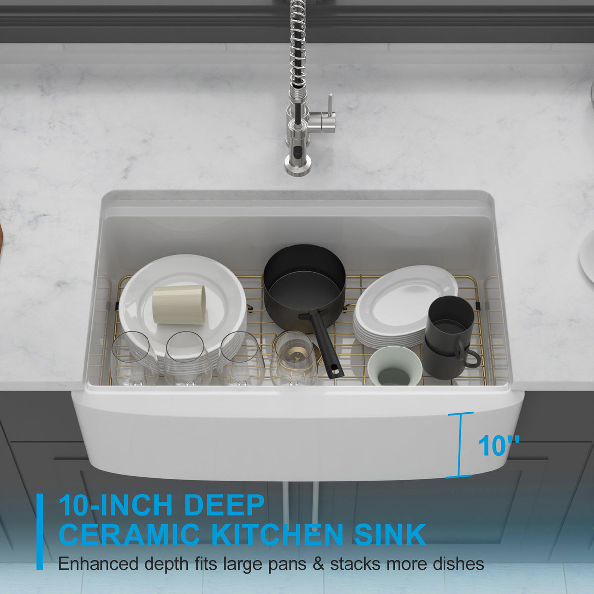 33 in. x 21 in. White Porcelain Ceramic Workstation Farmhouse Kitchen Sink, 10 in. Deep Single Bowl Curved Apron Front Sink with Cutting Board & Gold Accessories
