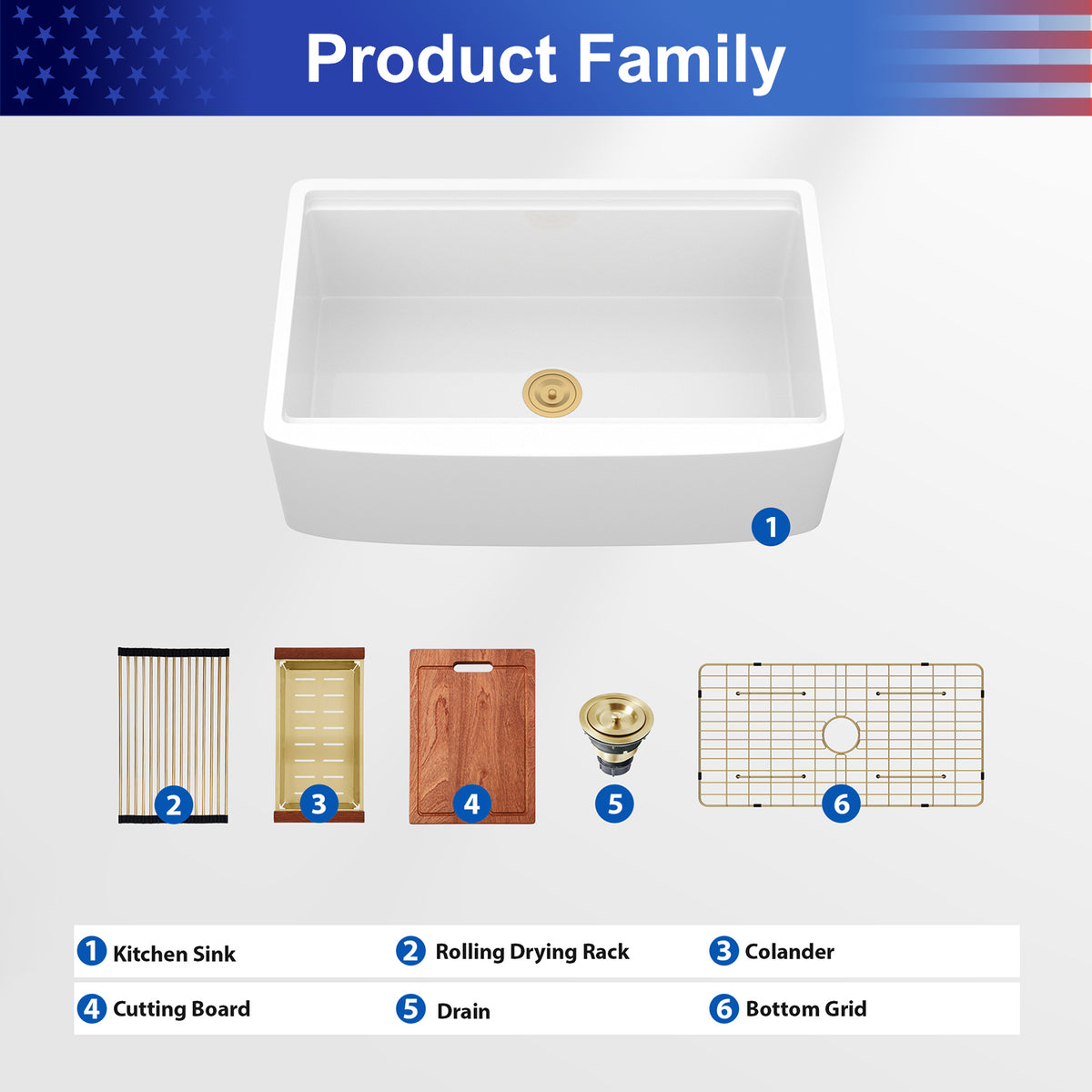 33 in. x 21 in. White Porcelain Ceramic Workstation Farmhouse Kitchen Sink, 10 in. Deep Single Bowl Curved Apron Front Sink with Cutting Board & Gold Accessories