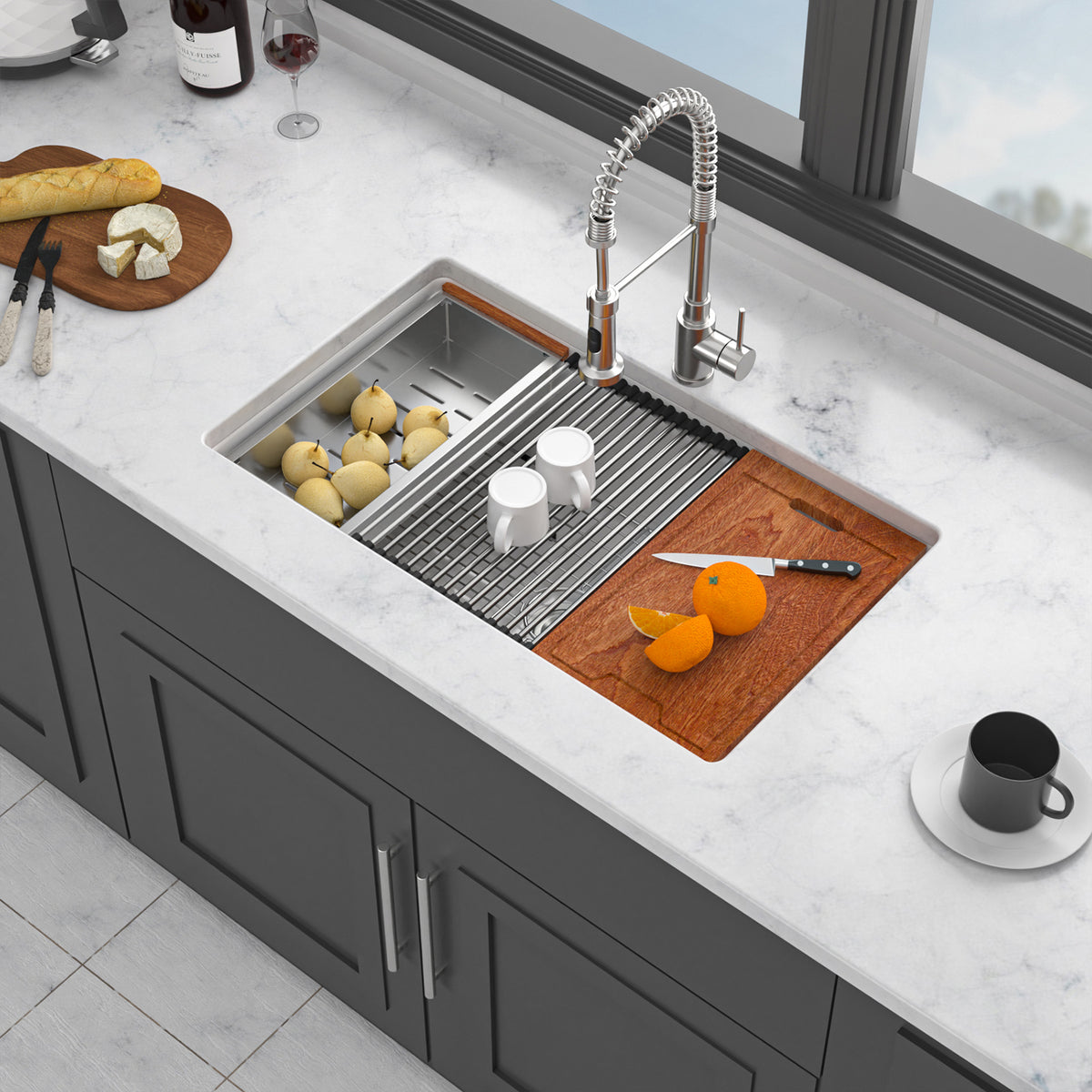 33 in. x 19 in. White Porcelain Ceramic Workstation Kitchen Sink, 10 in. Deep Single Bowl Dual-Mount Undermount & Drop-In Sink with Cutting Board