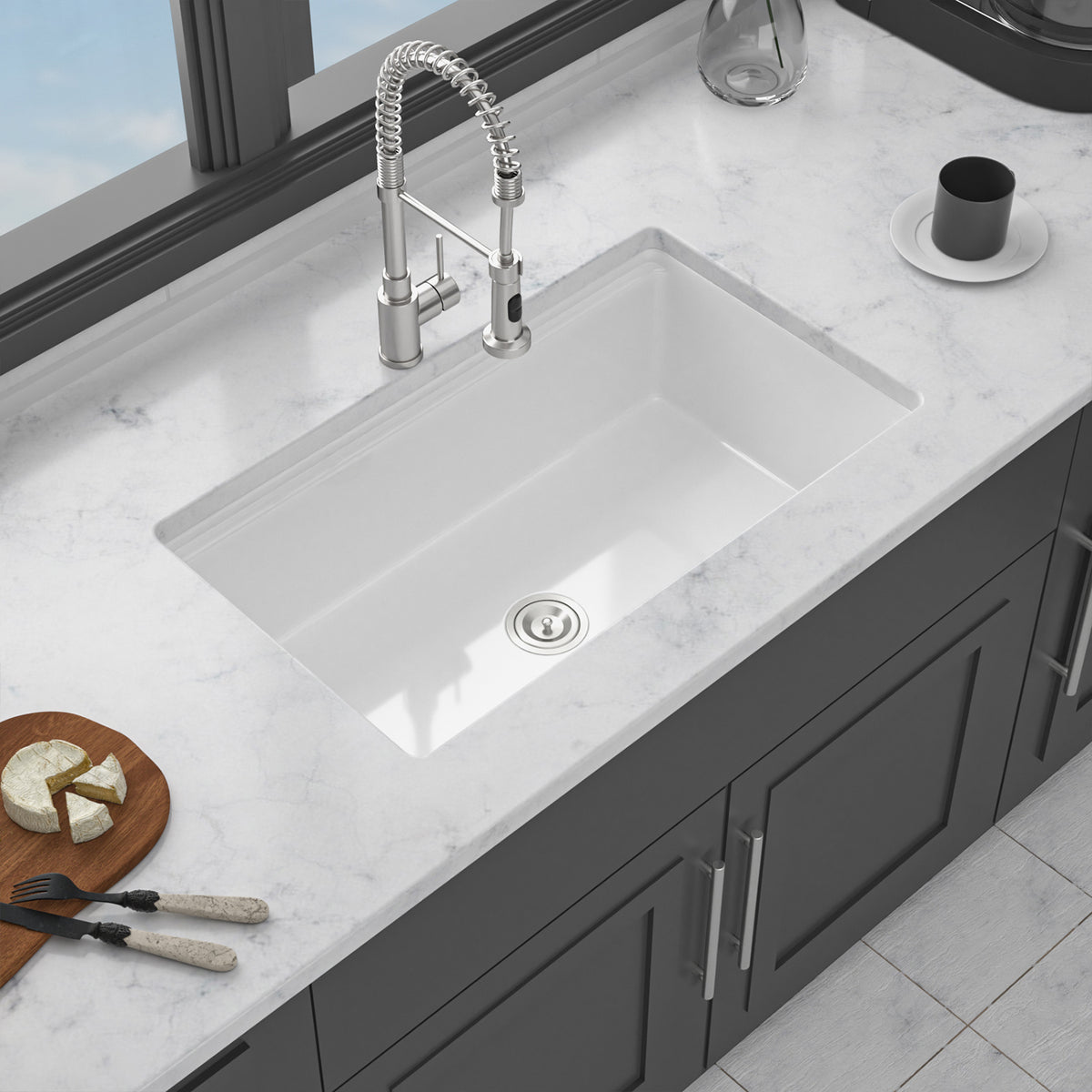 33 in. x 19 in. White Porcelain Ceramic Workstation Kitchen Sink, 10 in. Deep Single Bowl Dual-Mount Undermount & Drop-In Sink with Cutting Board