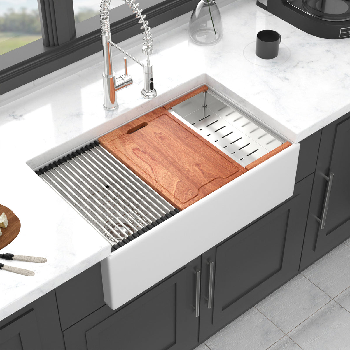 33 in. x 20 in. White Porcelain Ceramic Workstation Farmhouse Kitchen Sink, 10 in. Deep Equal Double Bowl Apron Front Sink with Cutting Board