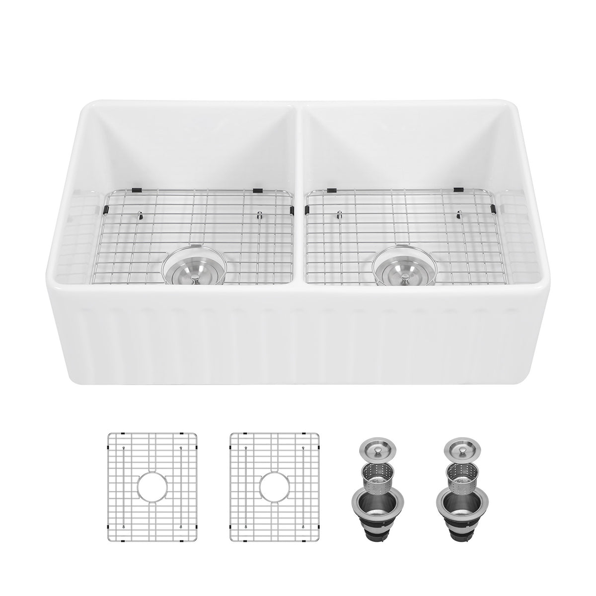 33 in. x 20 in. White Porcelain Ceramic Reversible Farmhouse Kitchen Sink, 10 in. Deep Double Bowl Farm Sink with 304 Stainless Steel Grids