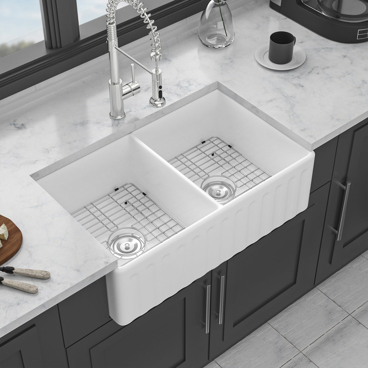33 in. x 20 in. White Porcelain Ceramic Reversible Farmhouse Kitchen Sink, 10 in. Deep Double Bowl Farm Sink with 304 Stainless Steel Grids